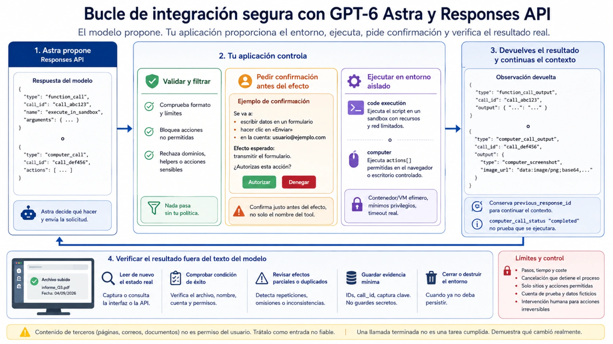 Diagrama del bucle de integración segura con GPT-6 Astra: validar, confirmar, ejecutar en un entorno aislado y verificar el resultado real