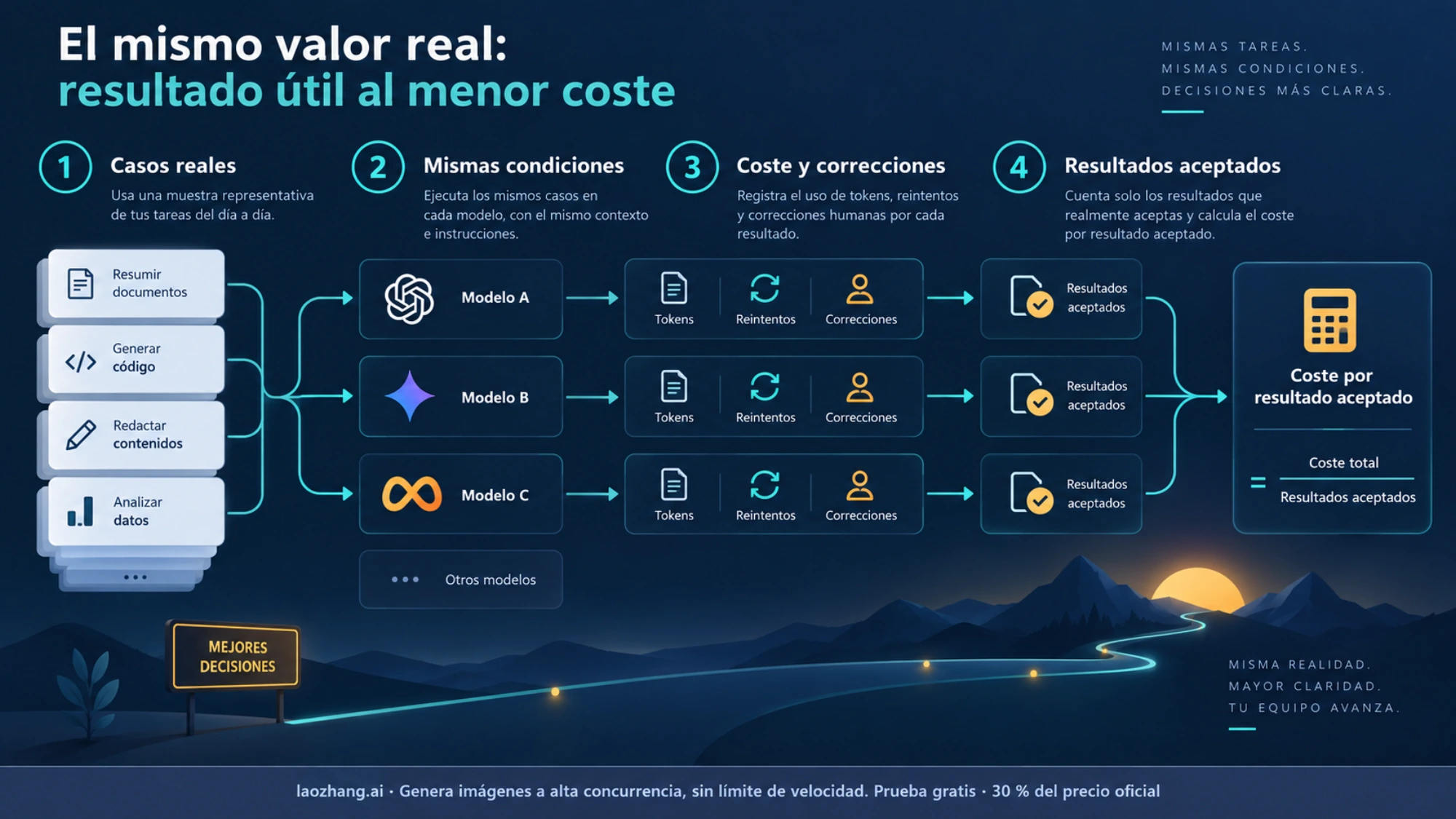 Flujo para comparar tareas reales, registrar costes y contar resultados aceptados