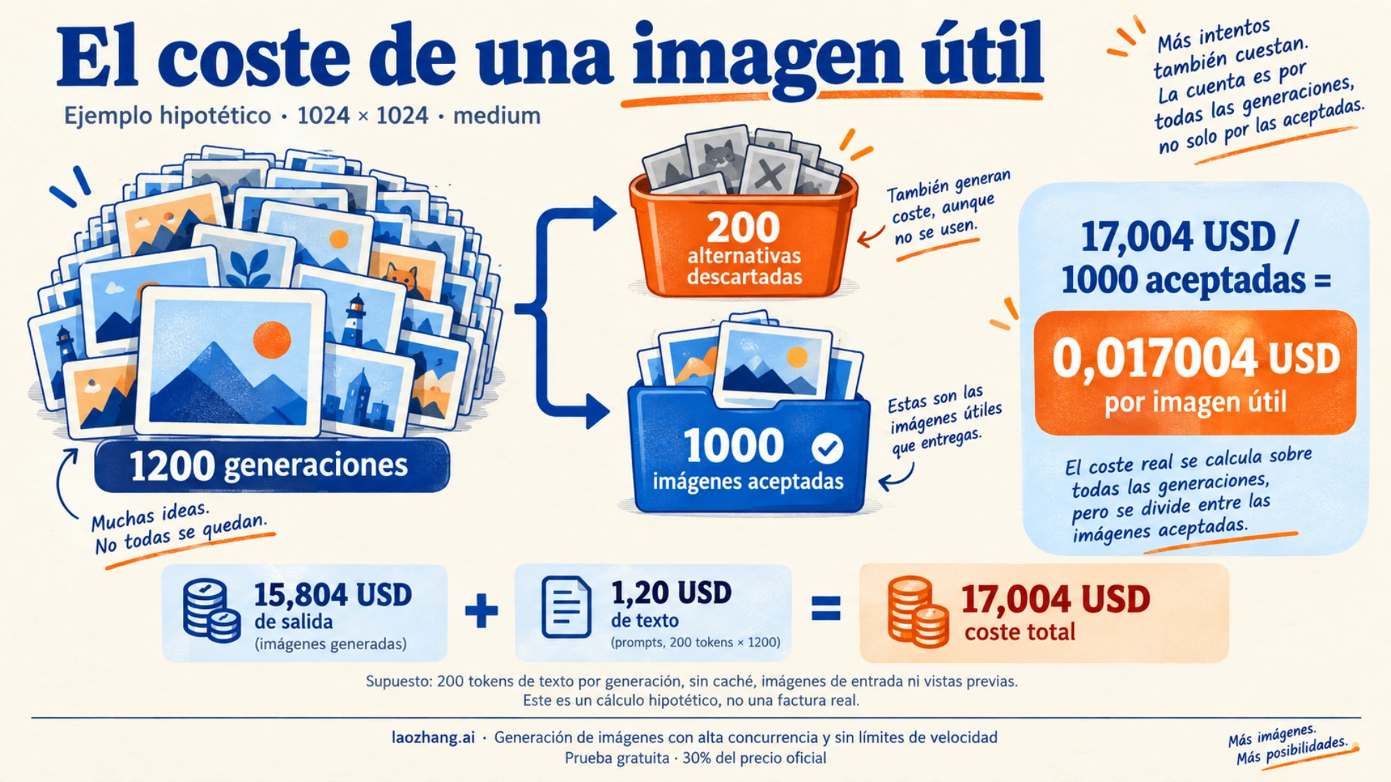 Ejemplo de presupuesto que reparte el gasto de 1200 generaciones entre 1000 imágenes aceptadas