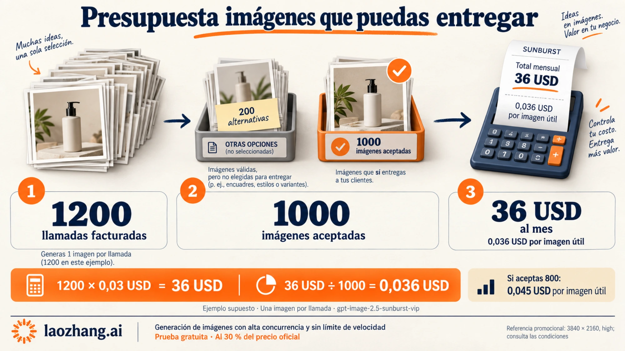 Ejemplo mensual de 1200 llamadas facturadas a Sunburst VIP para entregar 1000 imágenes aceptadas por 36 USD