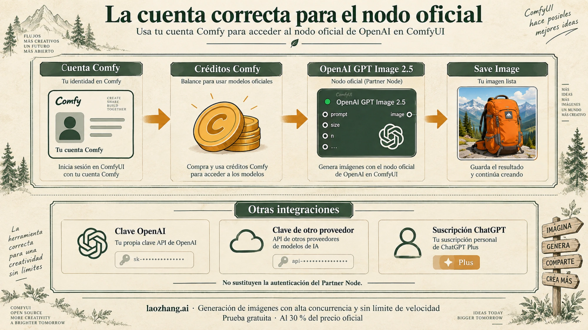 La cuenta y los créditos de Comfy permiten usar el nodo oficial; otras claves pertenecen a integraciones distintas