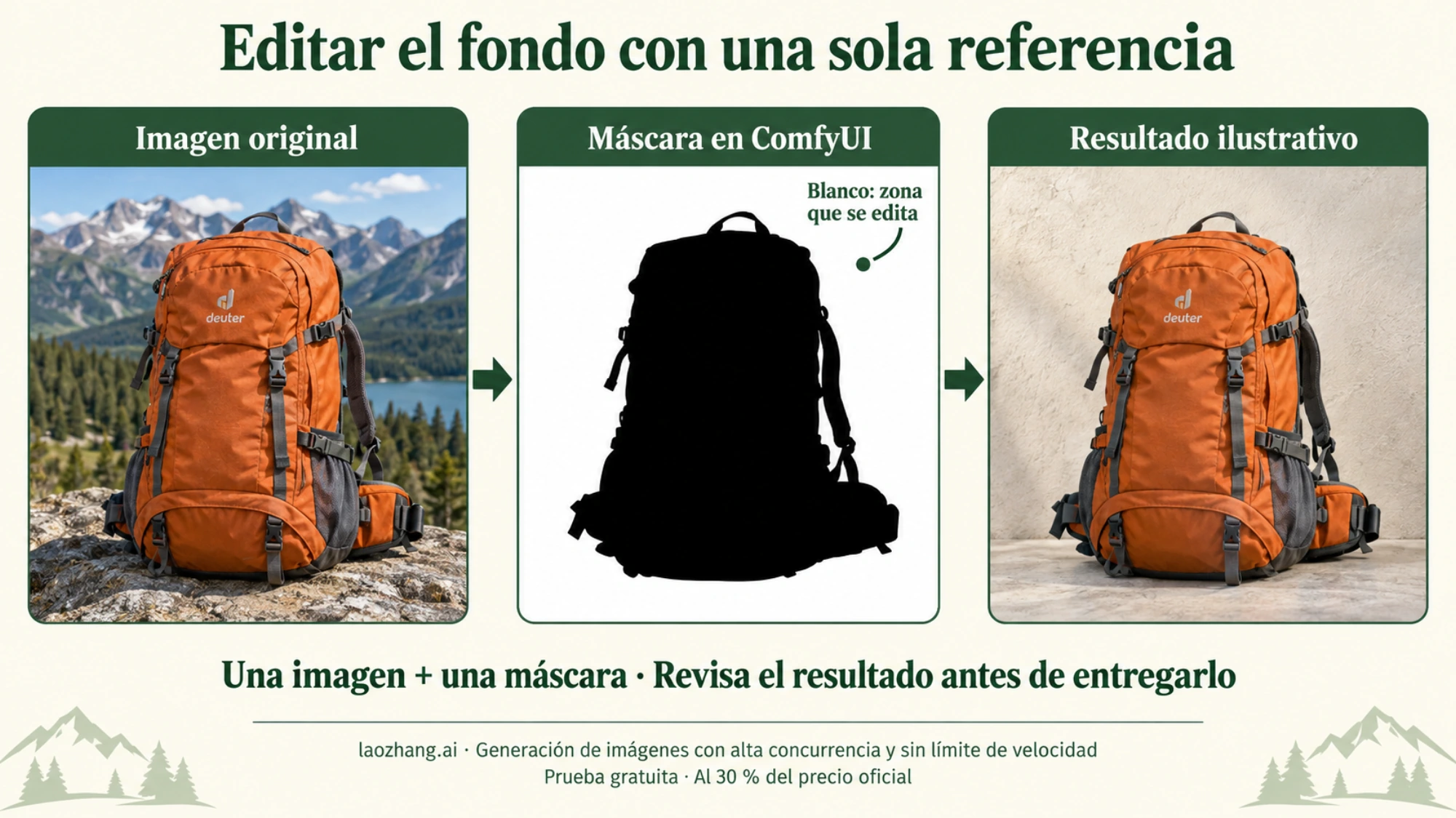 Ejemplo ilustrativo de una máscara blanca sobre el fondo y negra sobre la mochila para editar una sola referencia