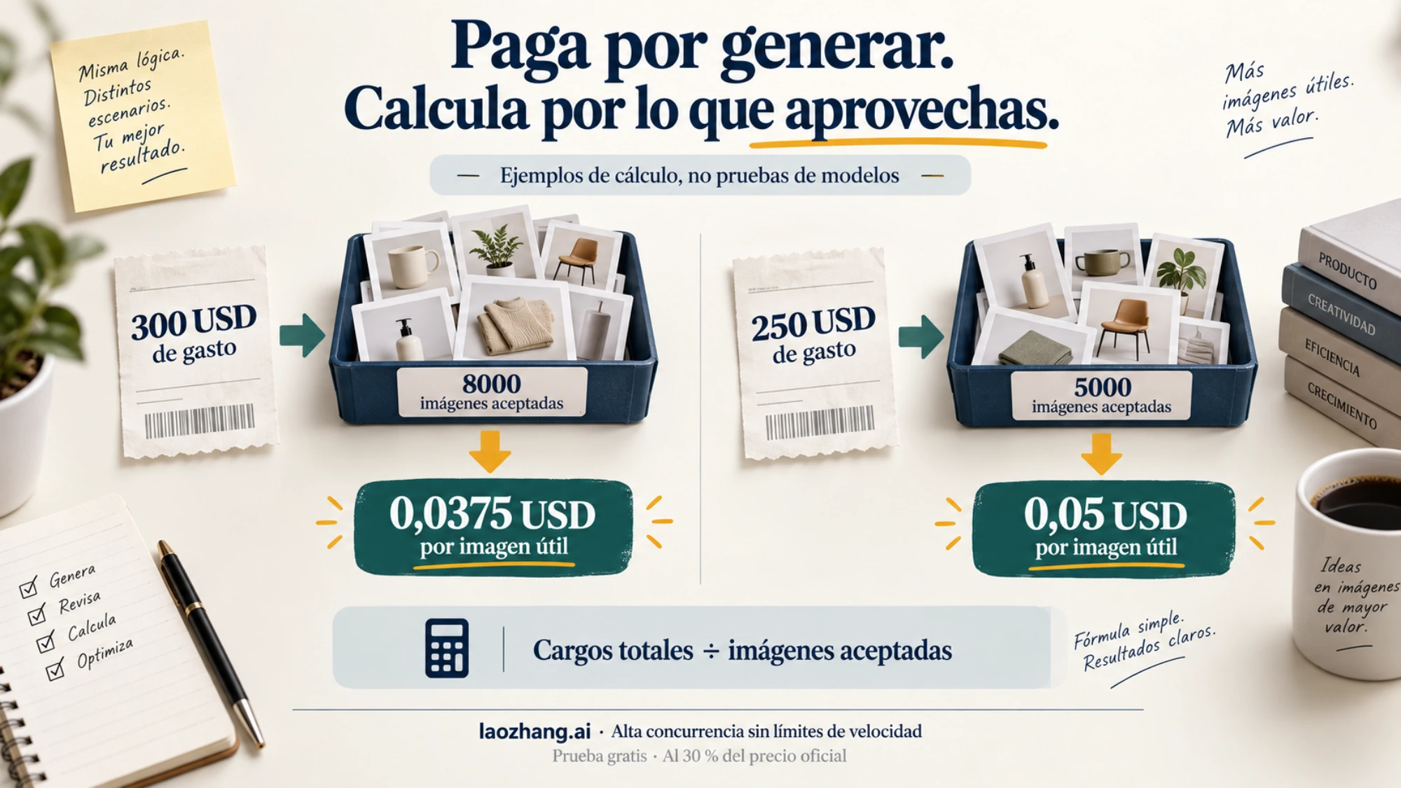 Dos ejemplos hipotéticos para calcular el coste por imagen útil dividiendo el gasto entre los resultados aceptados