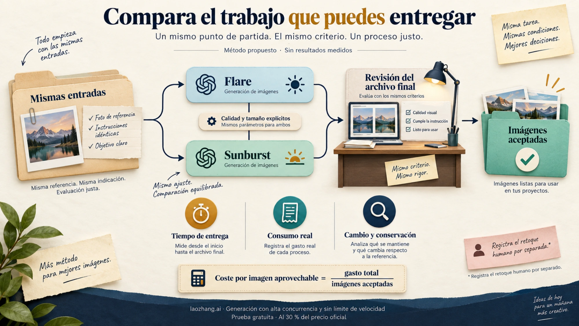 Flujo de evaluación con las mismas entradas para Flare y Sunburst, revisión del archivo final y cálculo del coste por imagen aceptada