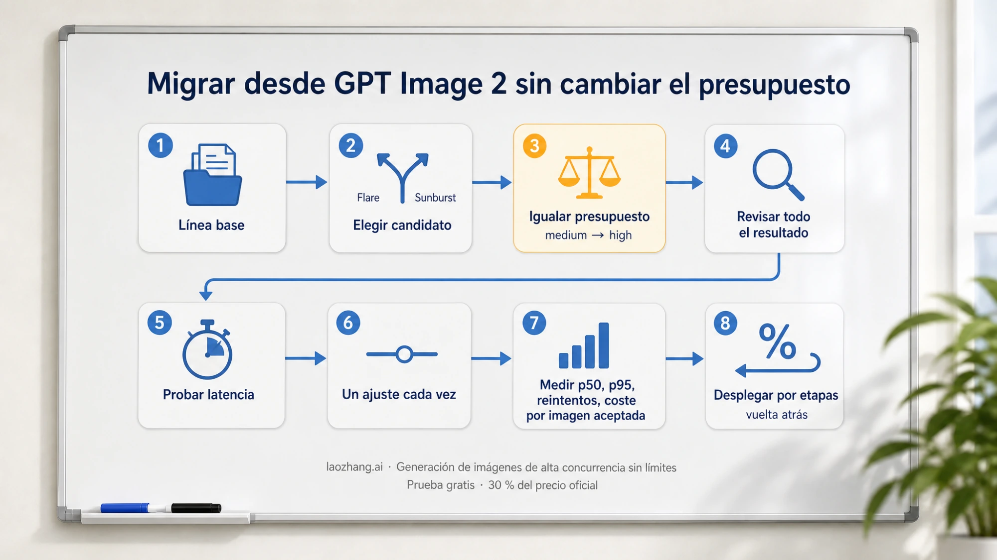 Pizarra blanca con el flujo de migración en ocho pasos desde GPT Image 2: línea base, candidato, presupuesto igualado, revisión completa, latencia, un ajuste cada vez, métricas y despliegue gradual
