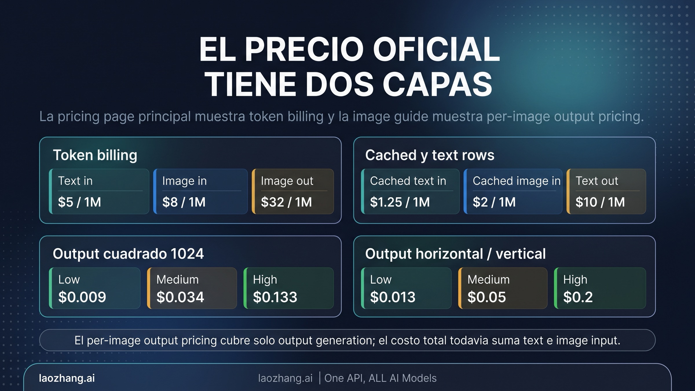 Visual que separa el billing por tokens y el precio de salida por imagen