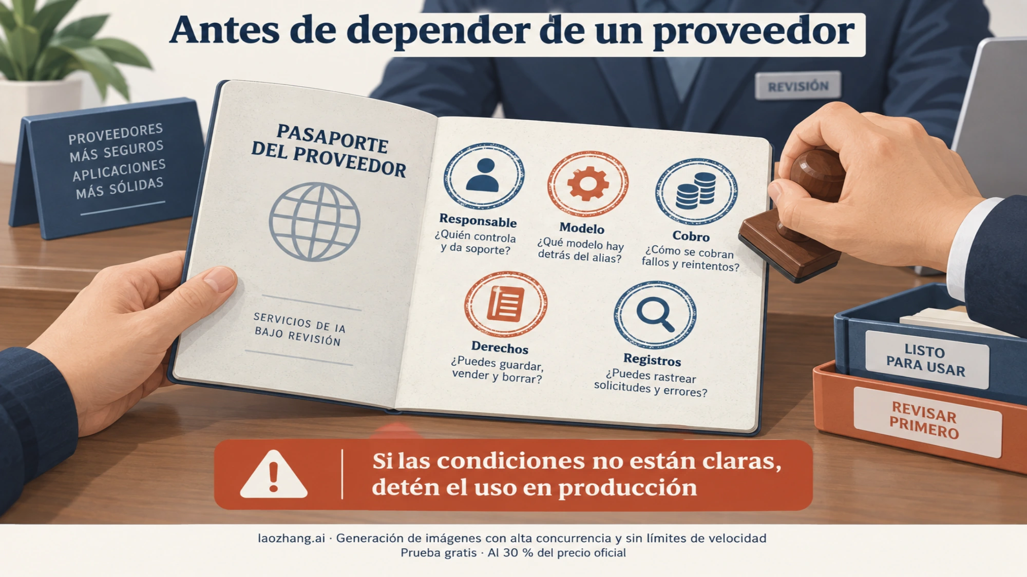 Preguntas sobre responsable, modelo, cobro, derechos y registros antes de usar un proveedor en producción