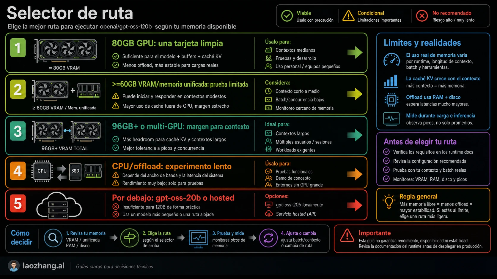 Selector de ruta runtime para GPT-OSS 120B: 80GB GPU, piso 60GB, multi-GPU, offload, 20B y hosted