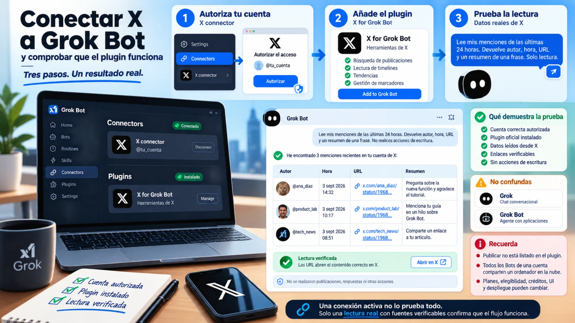Proceso de tres pasos para conectar X, instalar el plugin oficial y validar una lectura con enlaces