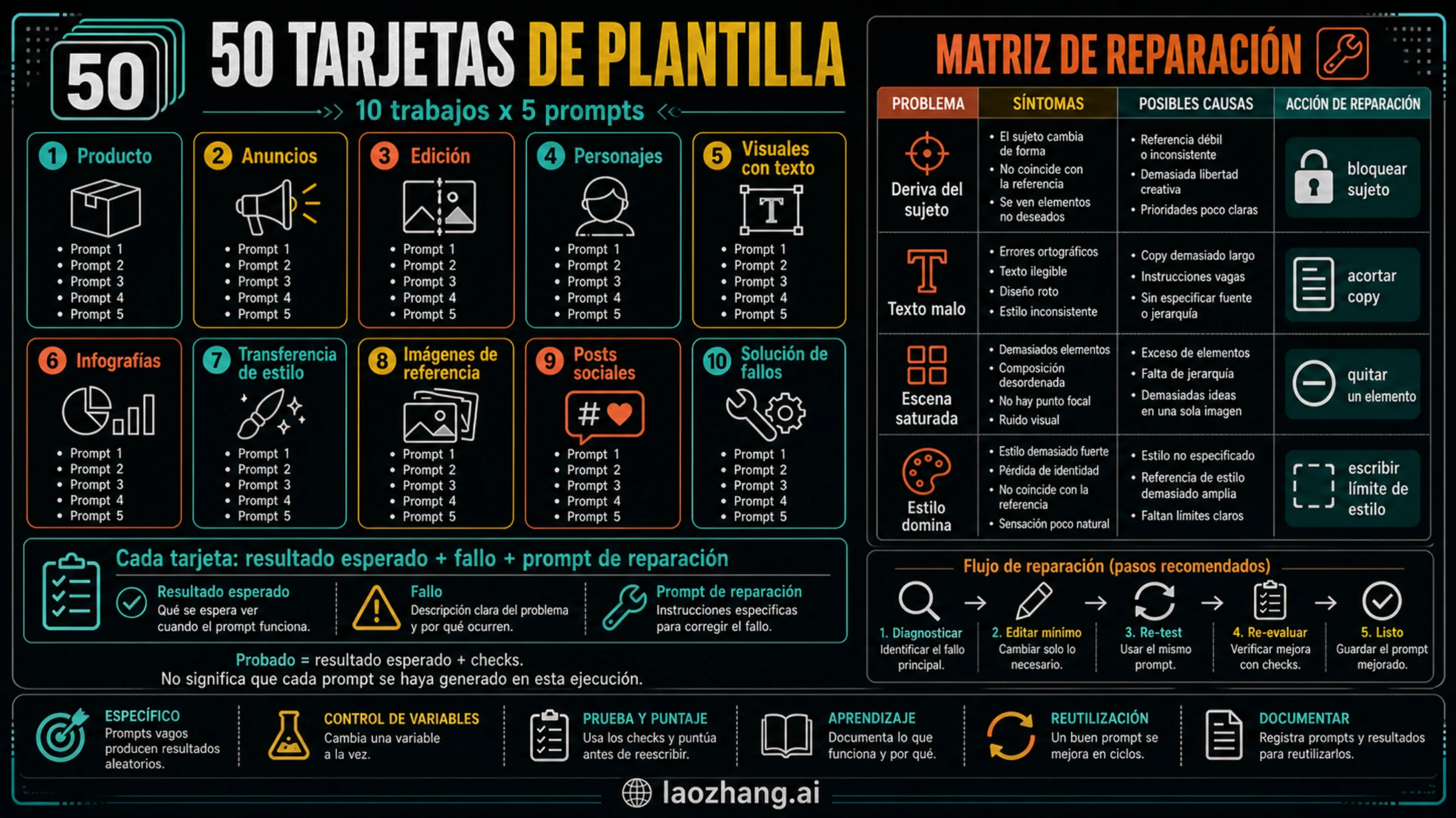 Categorías y matriz de reparación para 50 plantillas Nano Banana