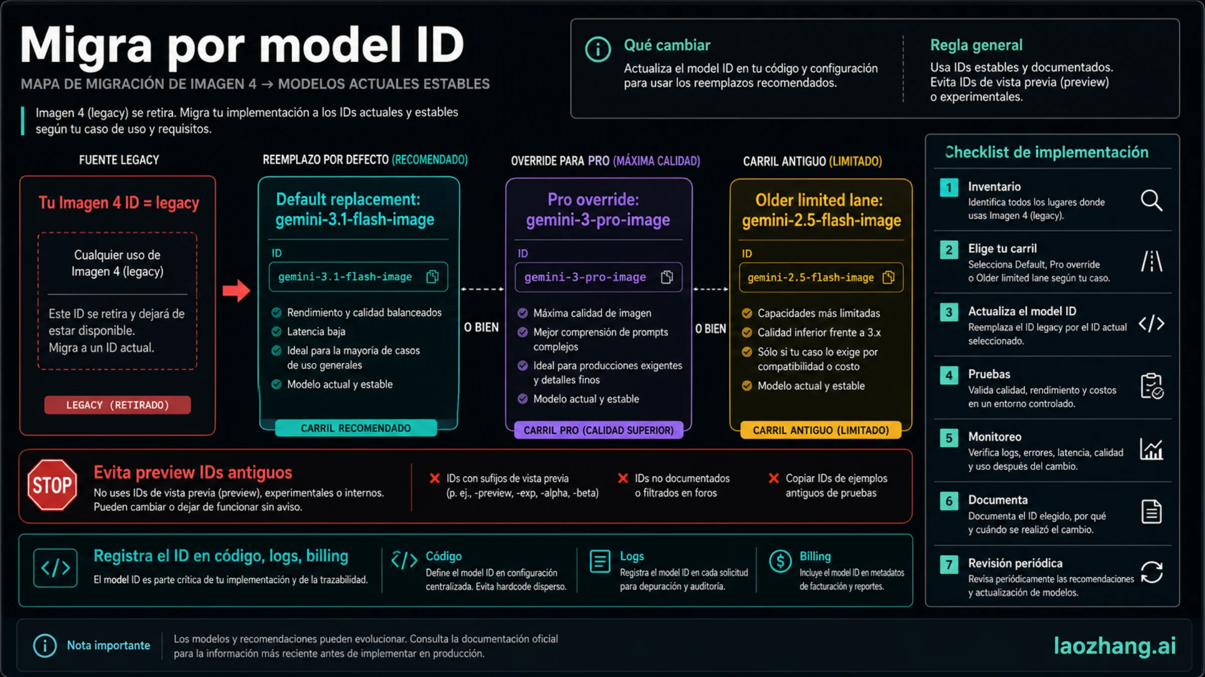 Mapa de model IDs para sustituir Imagen 4 con Nano Banana 2, Nano Banana Pro y la ruta Nano Banana anterior