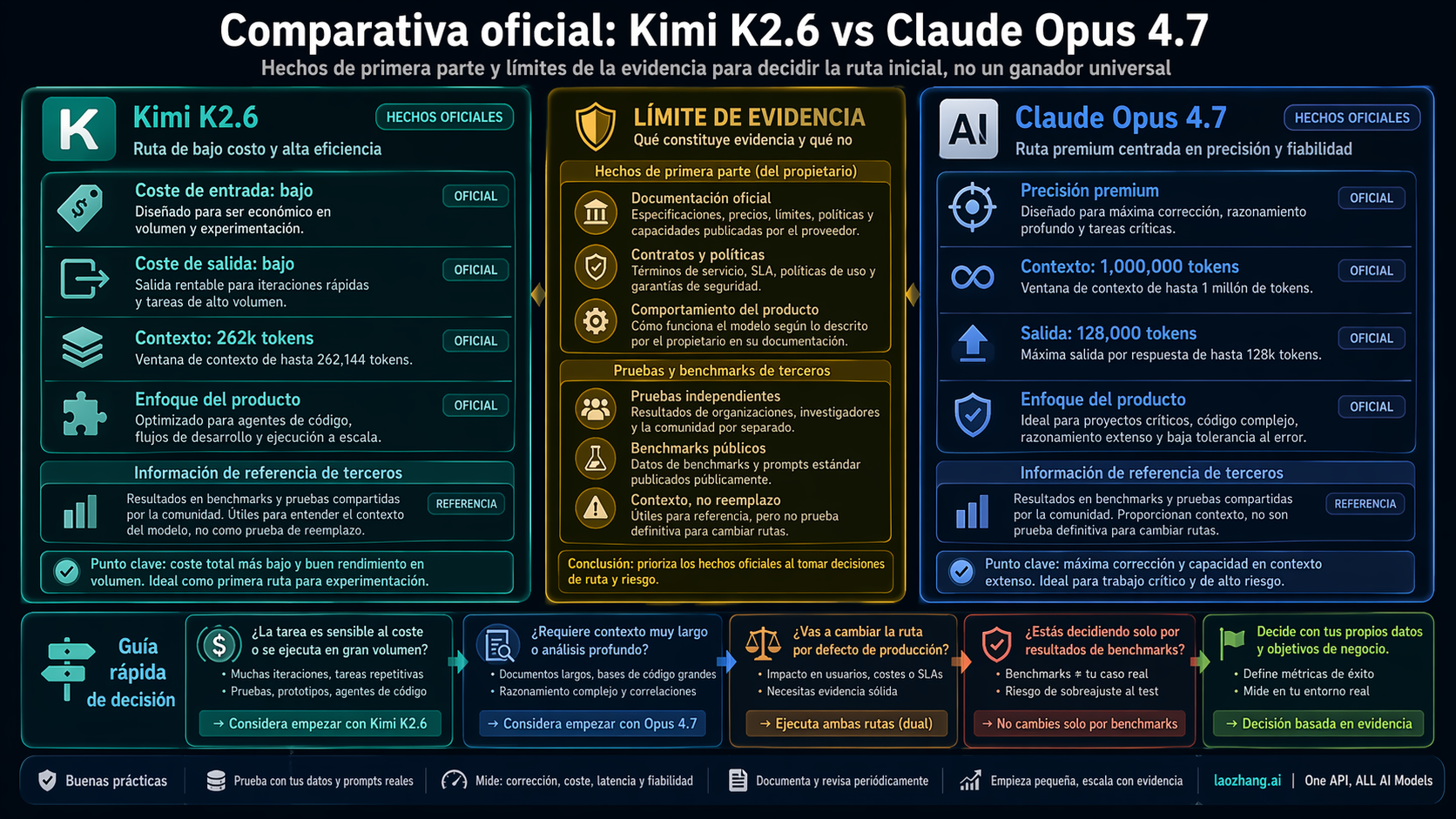 Tabla de contrato oficial para Kimi K2.6 y Claude Opus 4.7