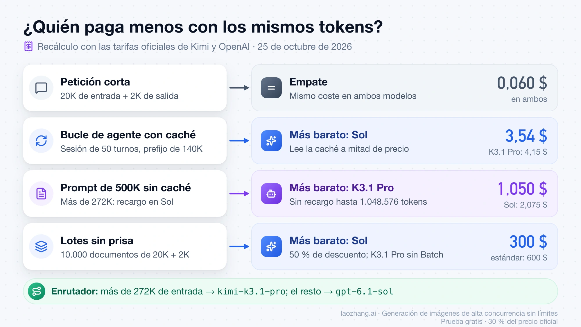 Qué modelo paga menos con los mismos tokens: empate en la petición corta, Sol en el bucle con caché y en lotes, K3.1 Pro en el prompt de 500K