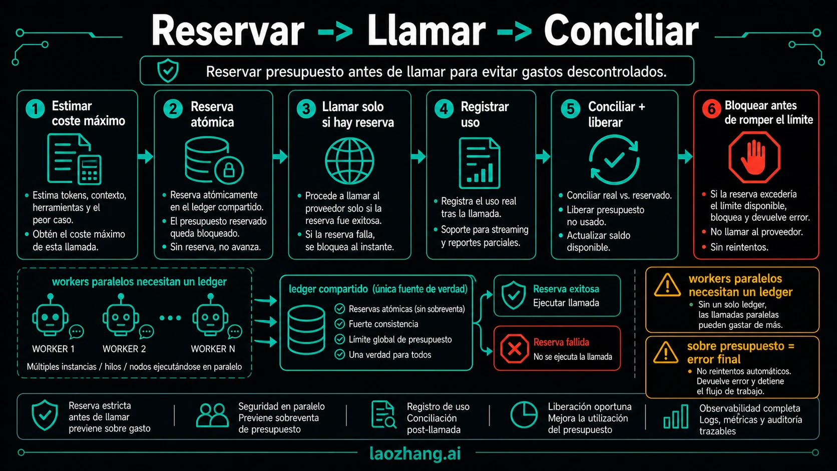 Flujo reserve-call-reconcile con estimación máxima, reserva atómica, llamada al proveedor, registro de usage, conciliación y bloqueo antes de superar el límite.