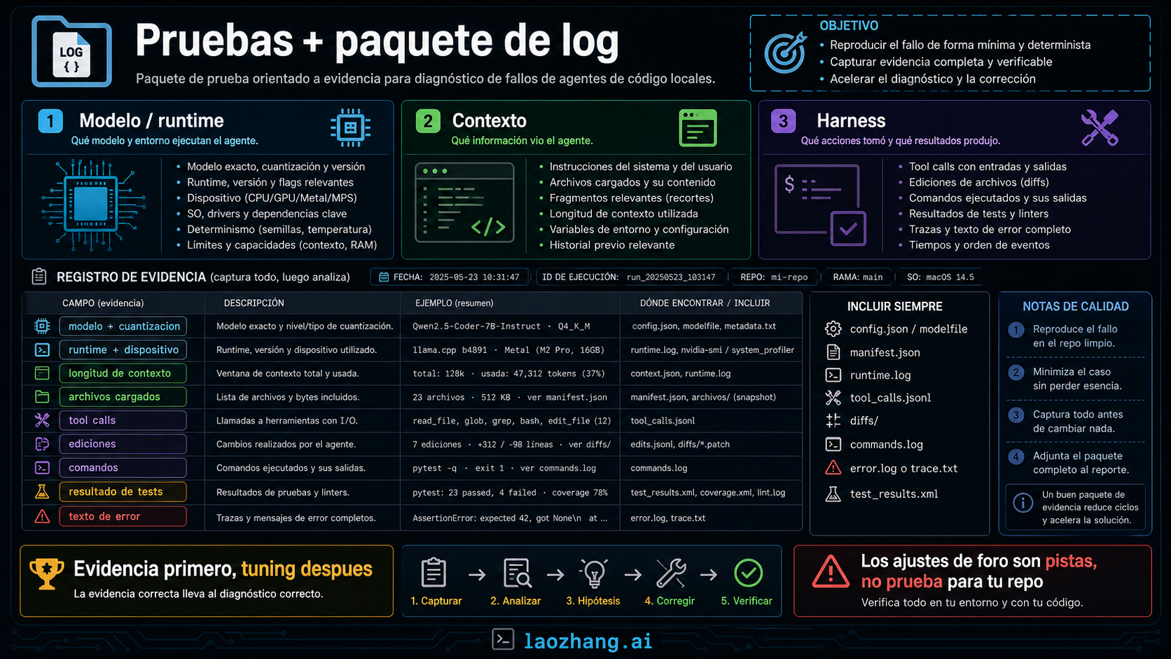 Pruebas y registro compacto para fallos locales