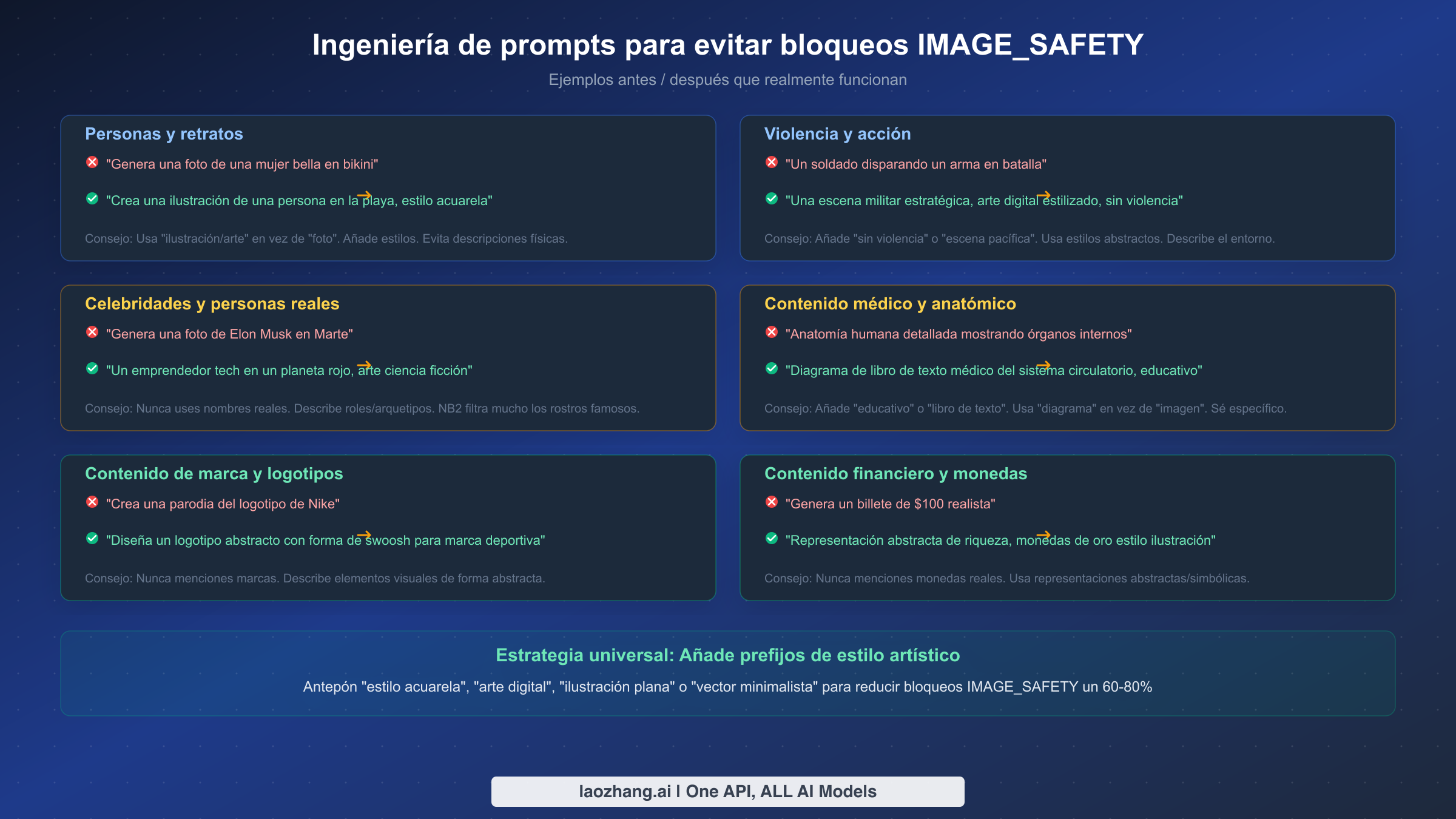 Ejemplos de prompts antes y después mostrando cómo evitar bloqueos IMAGE_SAFETY en seis categorías de contenido