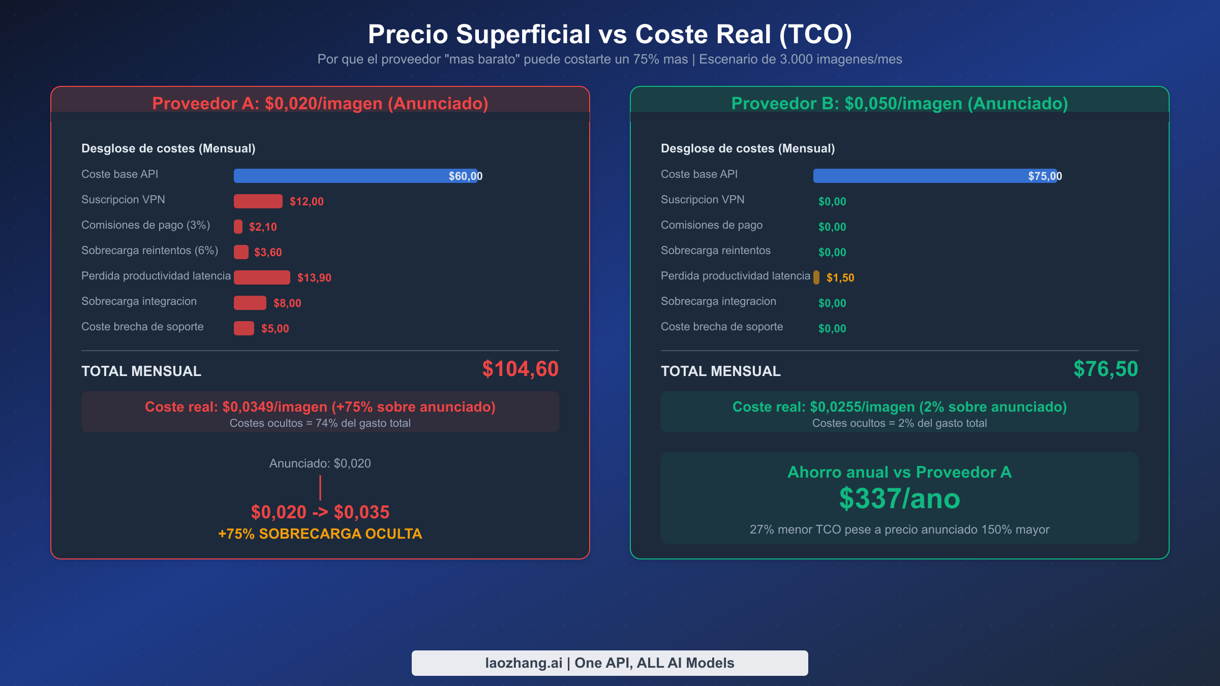 Comparacion de coste total de propiedad mostrando como los costes ocultos inflan un precio anunciado de $0,020 a $0,035 de coste real