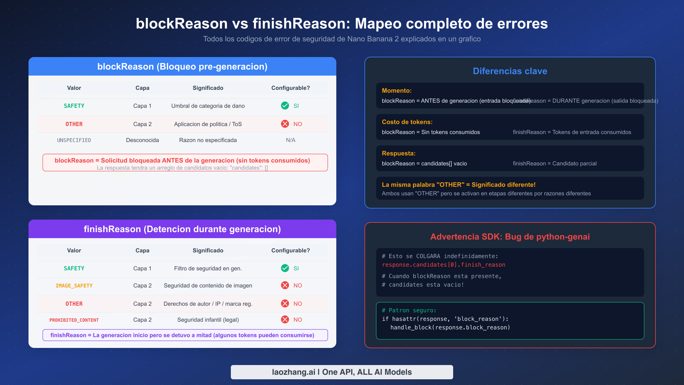 Tabla completa de mapeo blockReason vs finishReason mostrando todos los códigos de error y su estado configurable