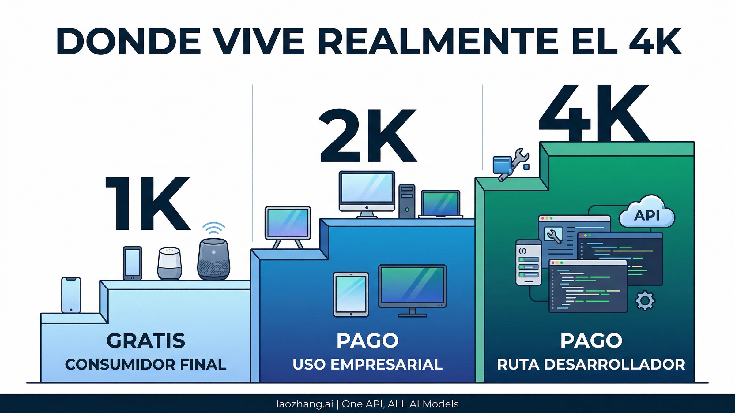 Escalera de resolucion con 1K gratis oficial, 2K de pago oficial y 4K oficial de pago para desarrolladores