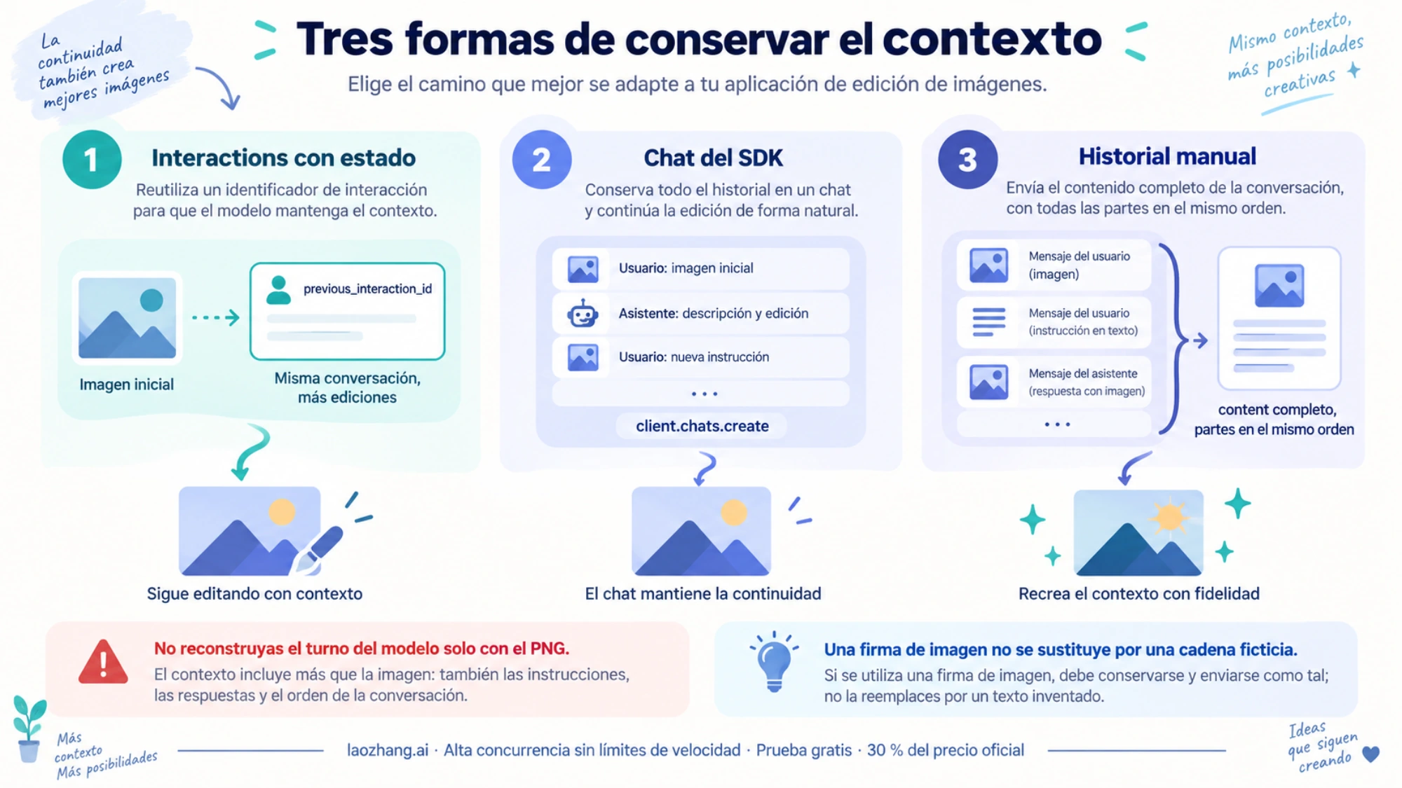 Tres rutas para conservar el contexto: Interactions con estado, chat del SDK e historial manual completo