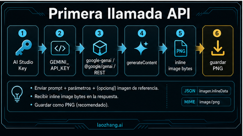 Diagrama del request oficial desde API key hasta generateContent e image output