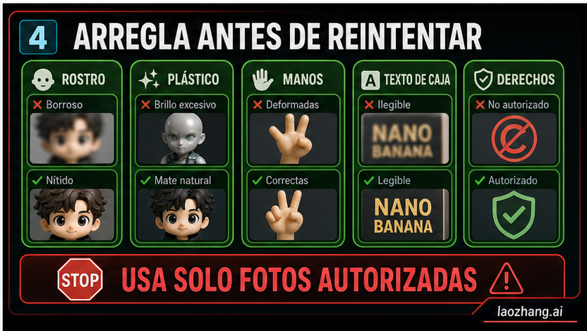 Lista de reparación con deriva facial, textura plástica, manos, texto de caja y revisión de derechos