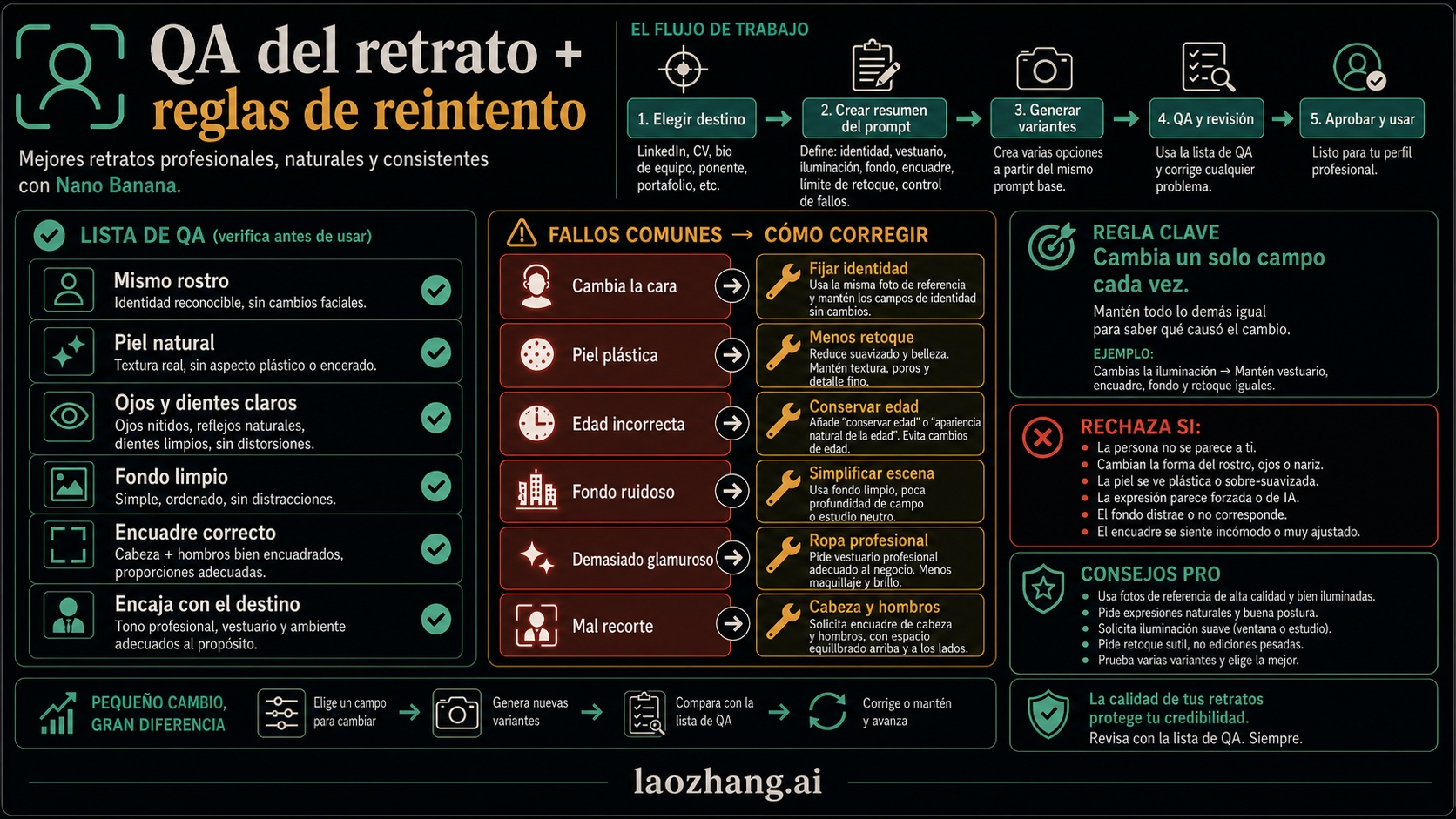 Tablero informativo de prompts de Nano Banana para retratos profesionales con destino, consentimiento, identidad y QA