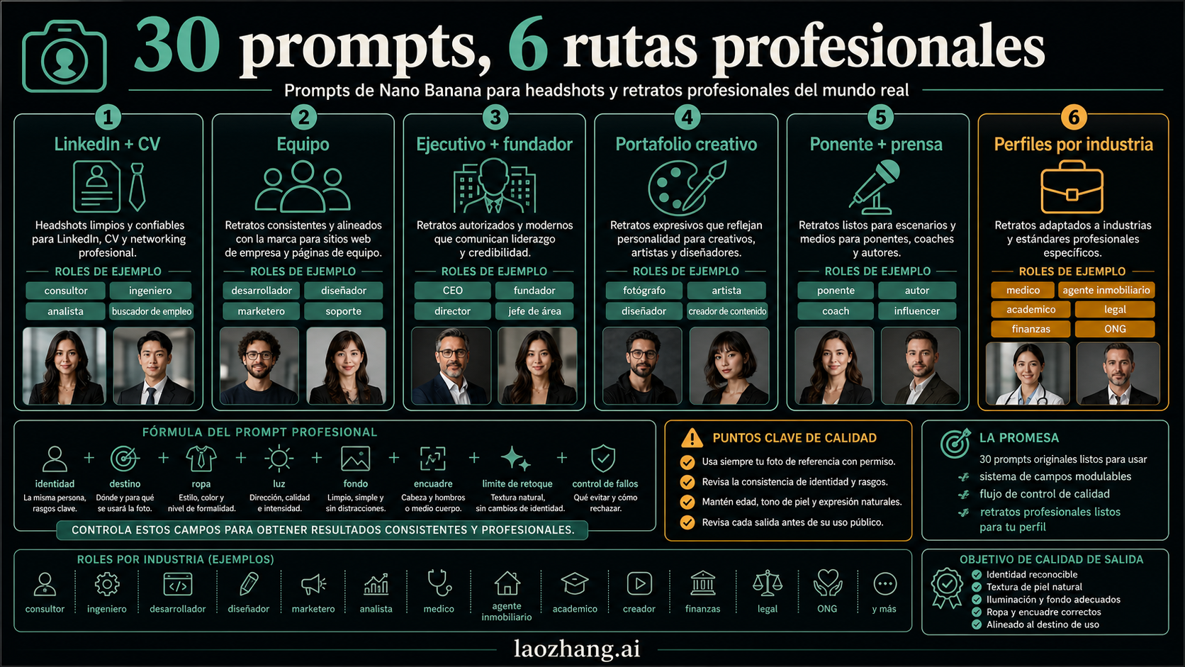 Tablero informativo de prompts de Nano Banana para retratos profesionales con destino, consentimiento, identidad y QA