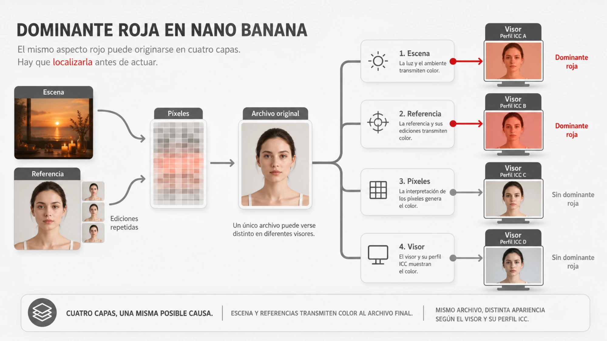 Diagnóstico de la dominante roja de Nano Banana en cuatro capas: escena, referencias, píxeles y perfil