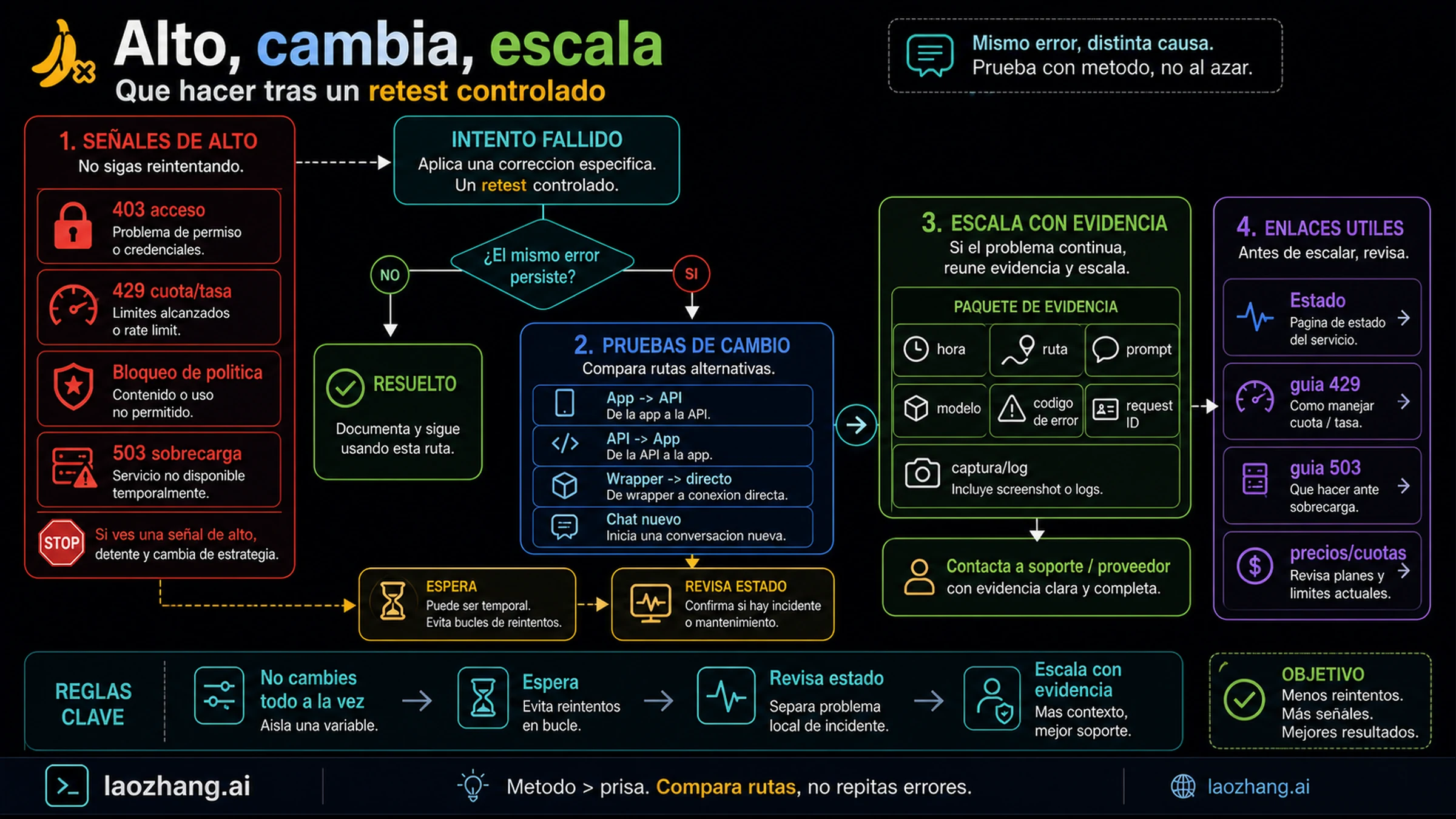 Evidence pack y reglas de stop/switch/escalation para Nano Banana
