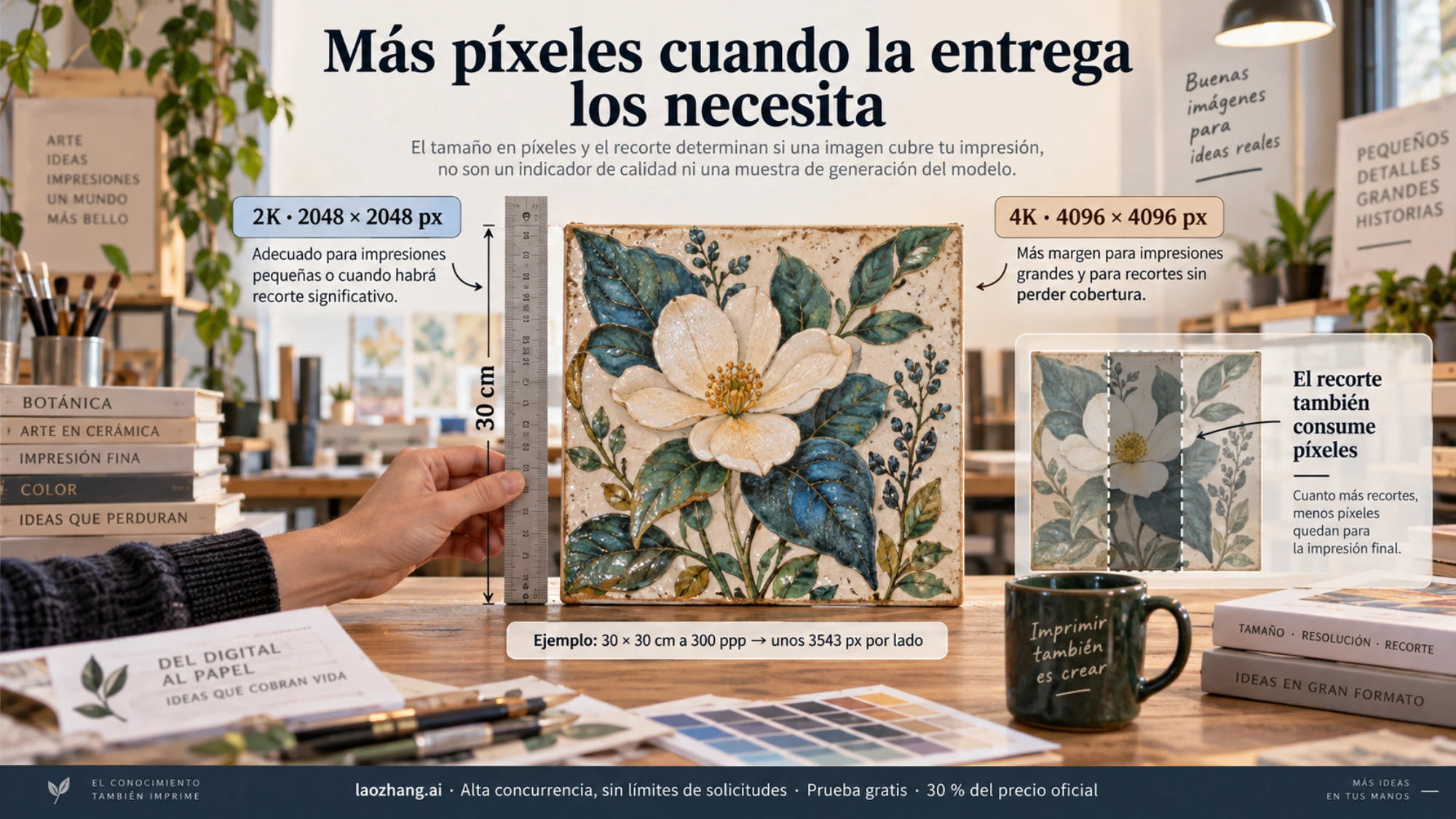 Ilustración de una lámina cuadrada de 30 cm junto a una regla, con las dimensiones 2K y 4K y el efecto de recortar la imagen