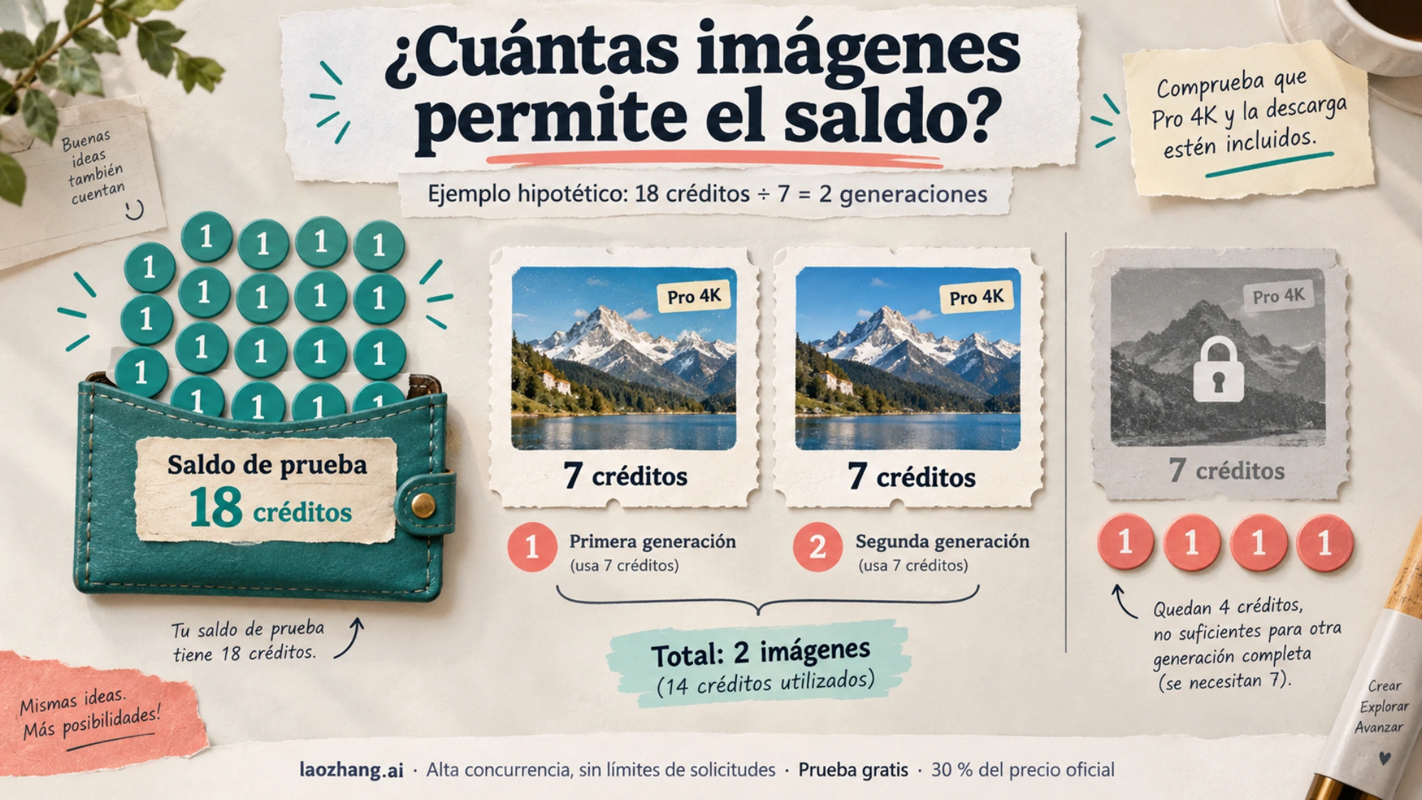 Ilustración del ejemplo hipotético de un saldo de 18 créditos que permite dos generaciones de 7 créditos y deja un resto insuficiente para otra