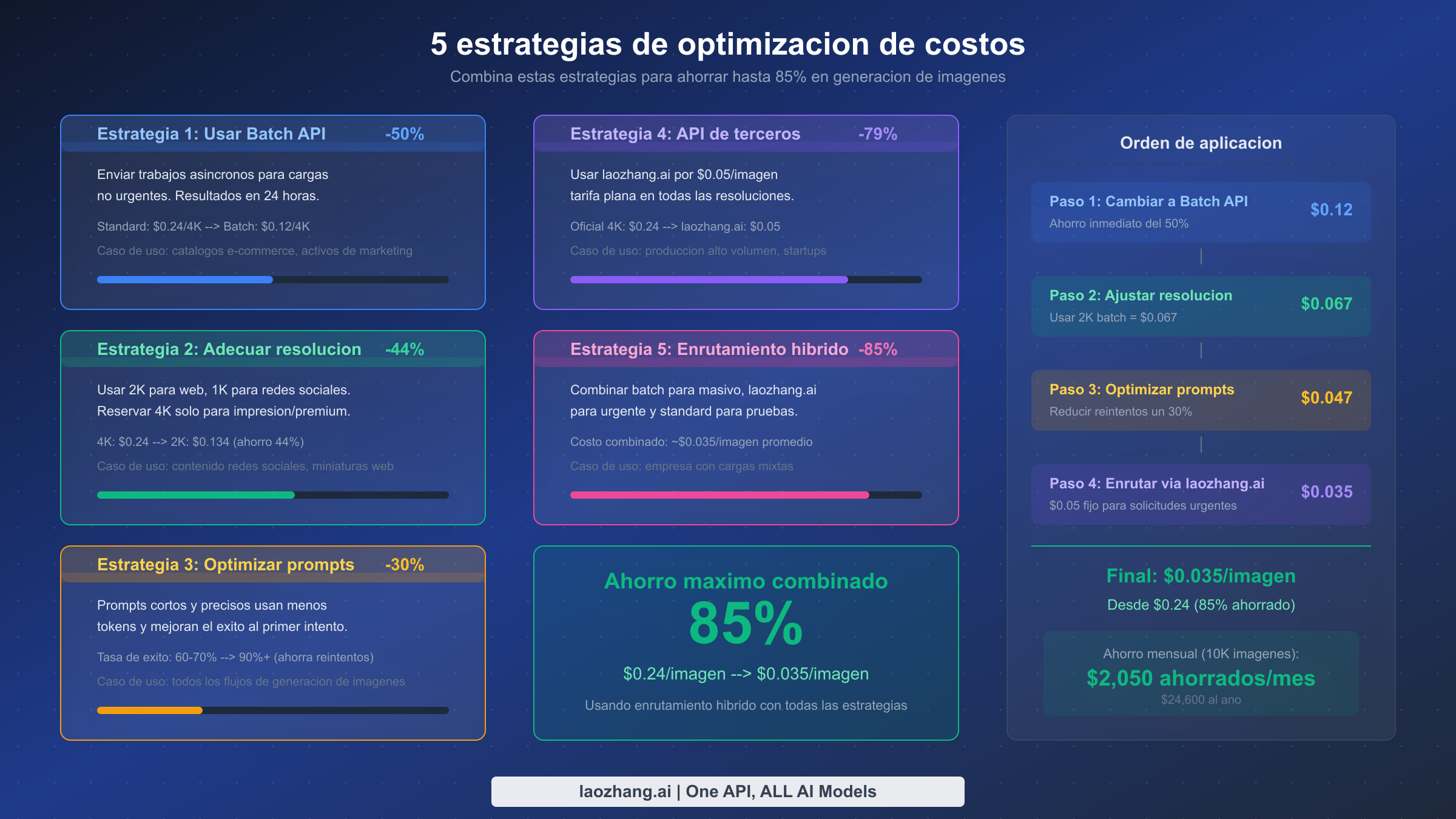 Cinco estrategias de optimizacion de costos para Nano Banana Pro mostrando ahorros del 30% al 85% al combinarlas