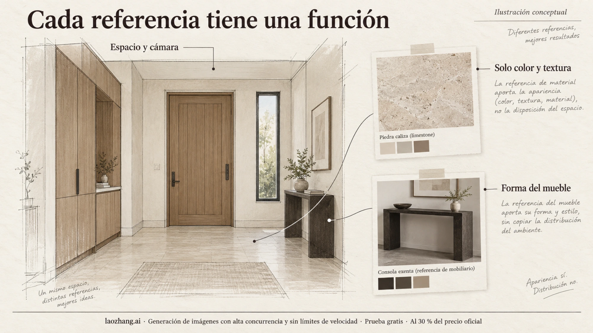 Ilustración de un recibidor con referencias independientes para el material del suelo y la forma de una consola