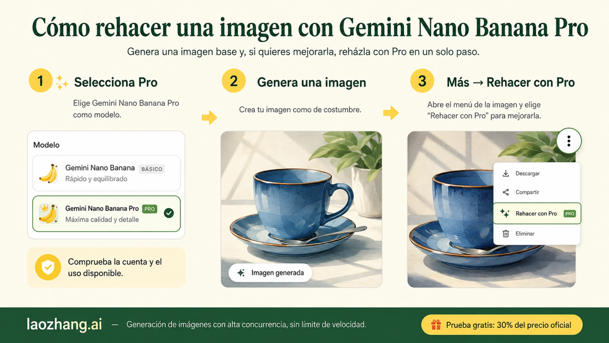 Secuencia para crear una imagen y abrir Más para rehacerla con Pro