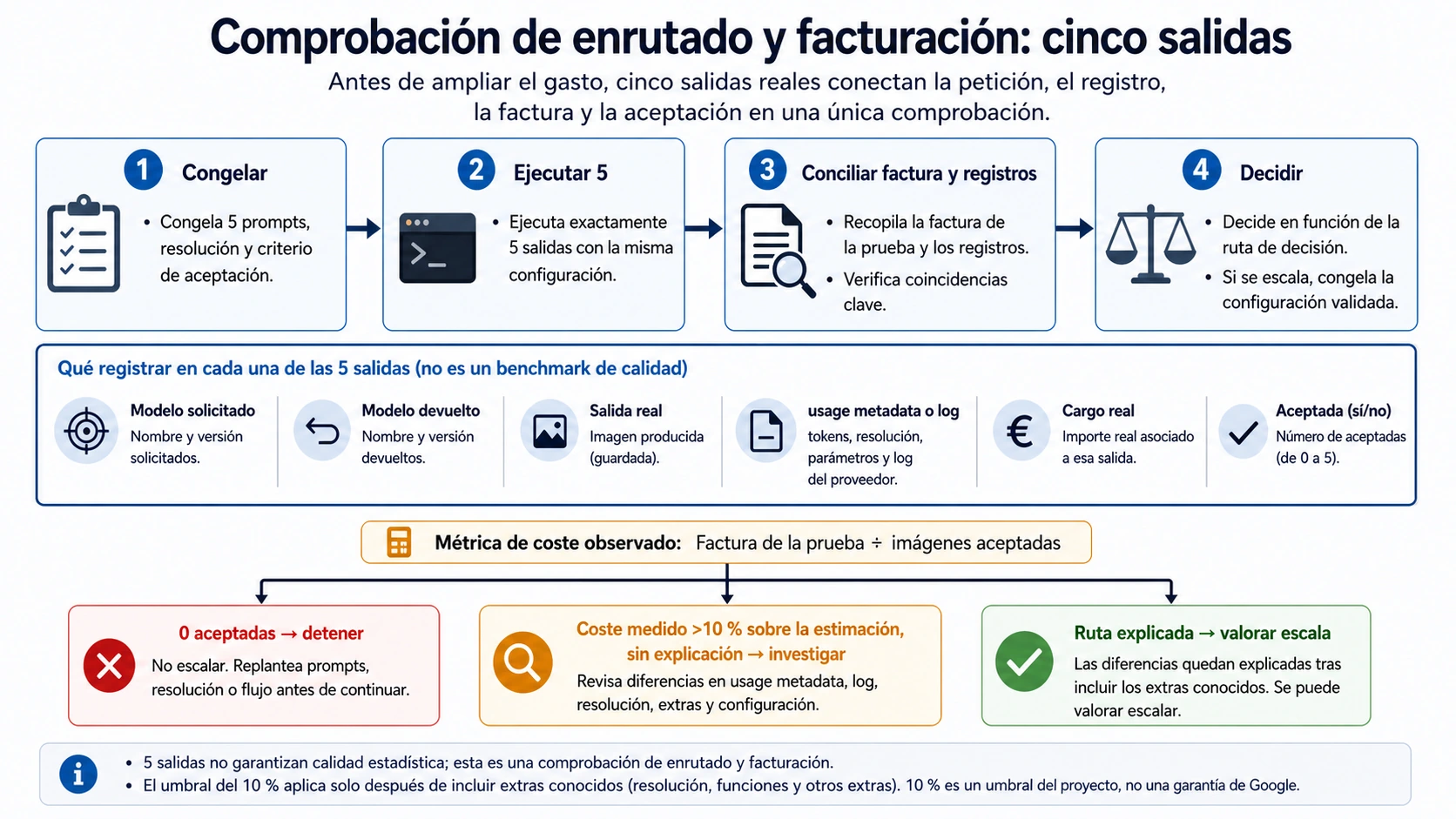 Comprobación de cinco salidas que conecta la petición, los registros, la factura y la decisión de escala