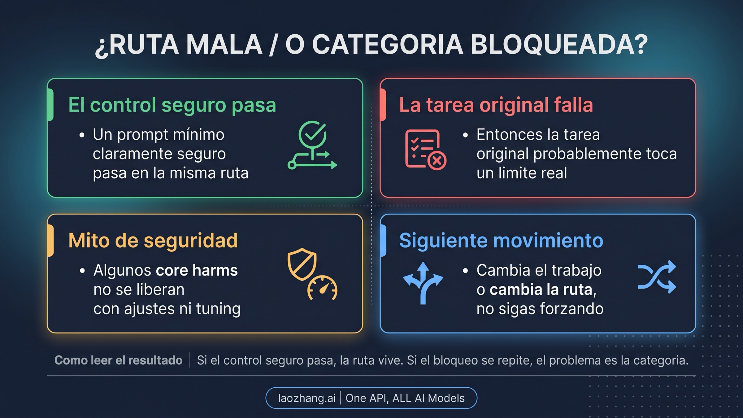 Mapa de decision que muestra cuando un safe prompt funciona pero el pedido original sigue chocando con una frontera de policy