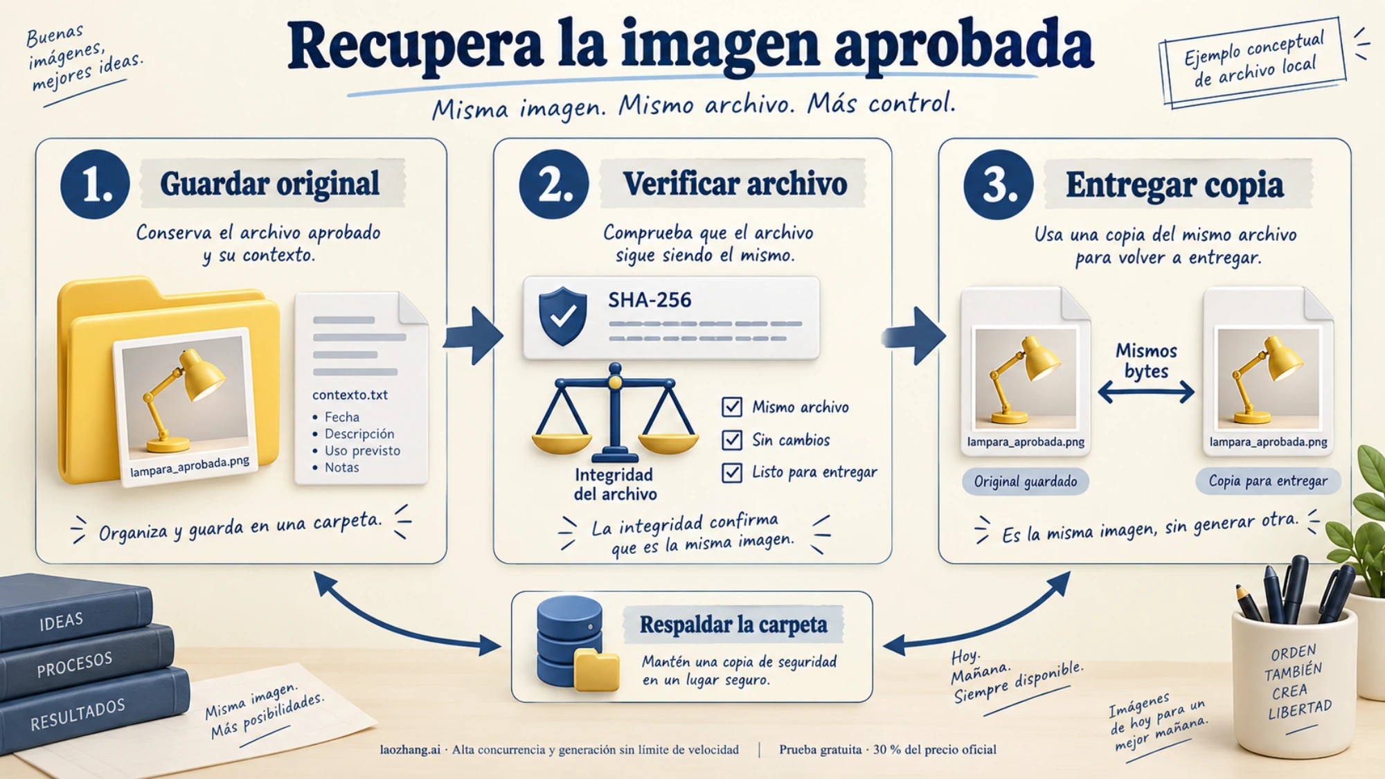 Esquema conceptual de guardar el original, verificar su integridad y recuperar una copia con los mismos bytes
