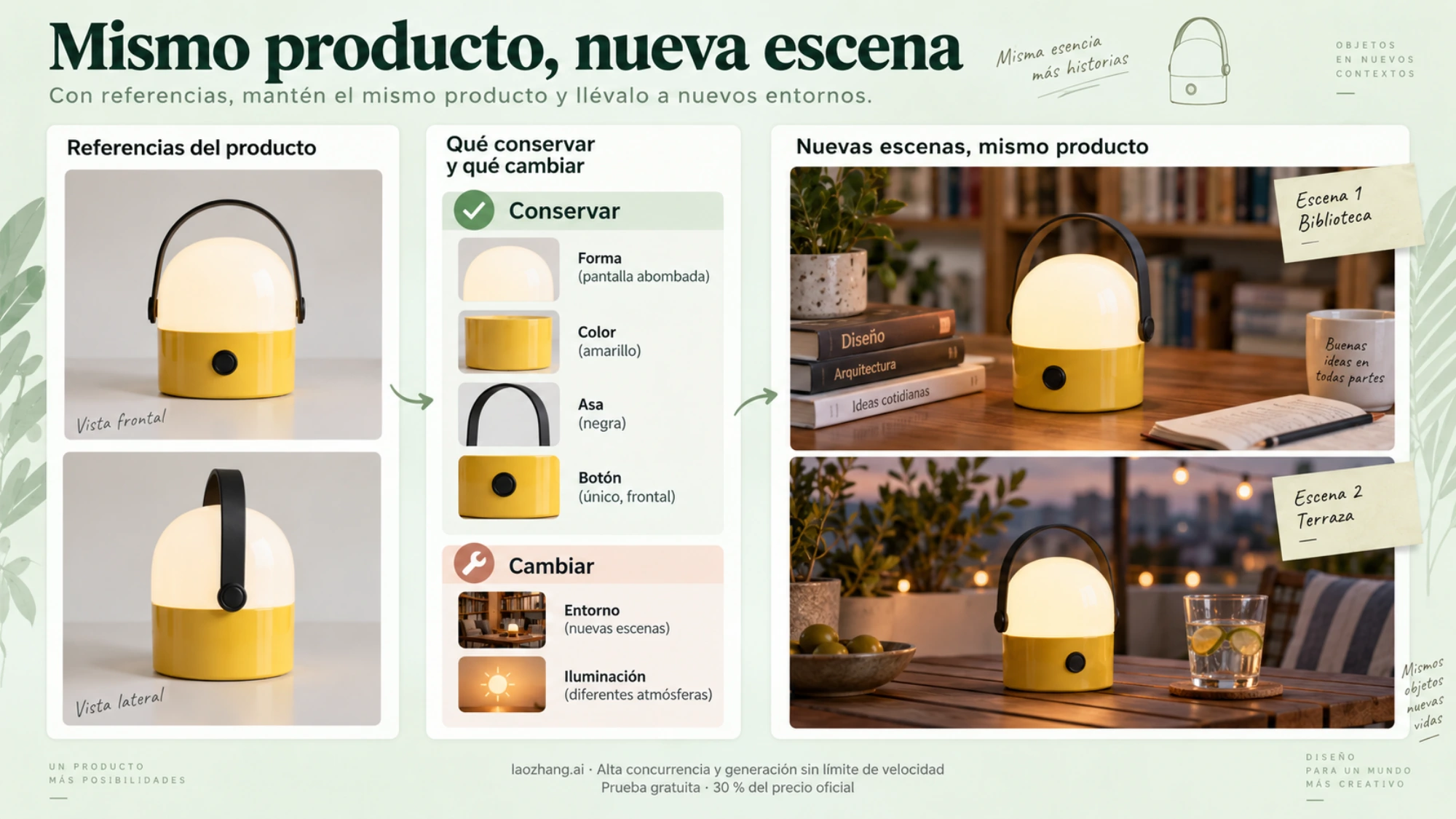 Ejemplo conceptual de referencias de una lámpara y de los detalles que se conservan al cambiar de escena