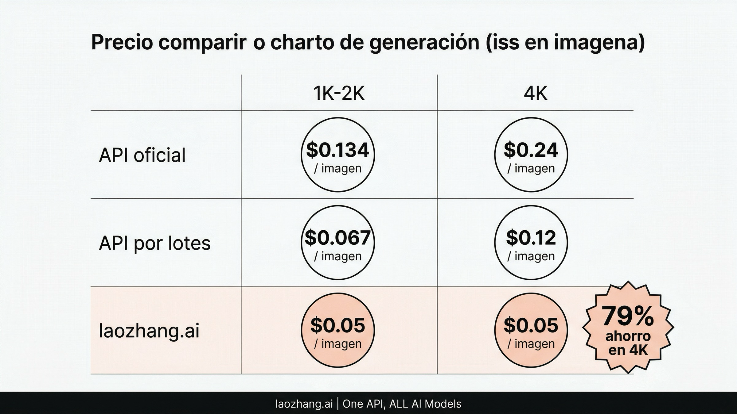 Comparacion de precios entre la API oficial de Nano Banana Pro, la API por lotes y laozhang.ai mostrando un ahorro del 79%