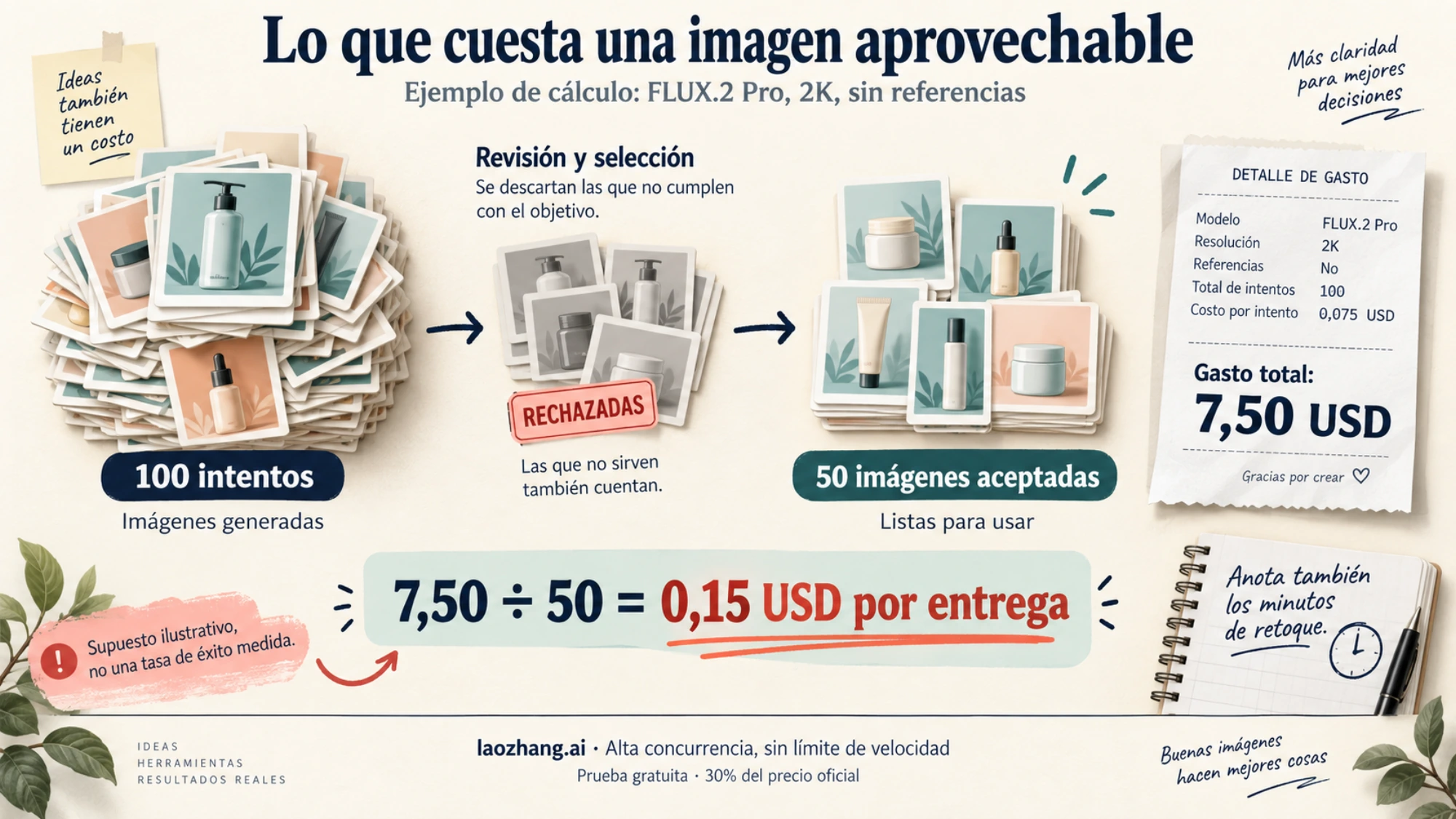 Ejemplo ilustrativo de cien intentos y cincuenta imágenes aceptadas, con un gasto total de 7,50 USD y un coste de 0,15 USD por entrega