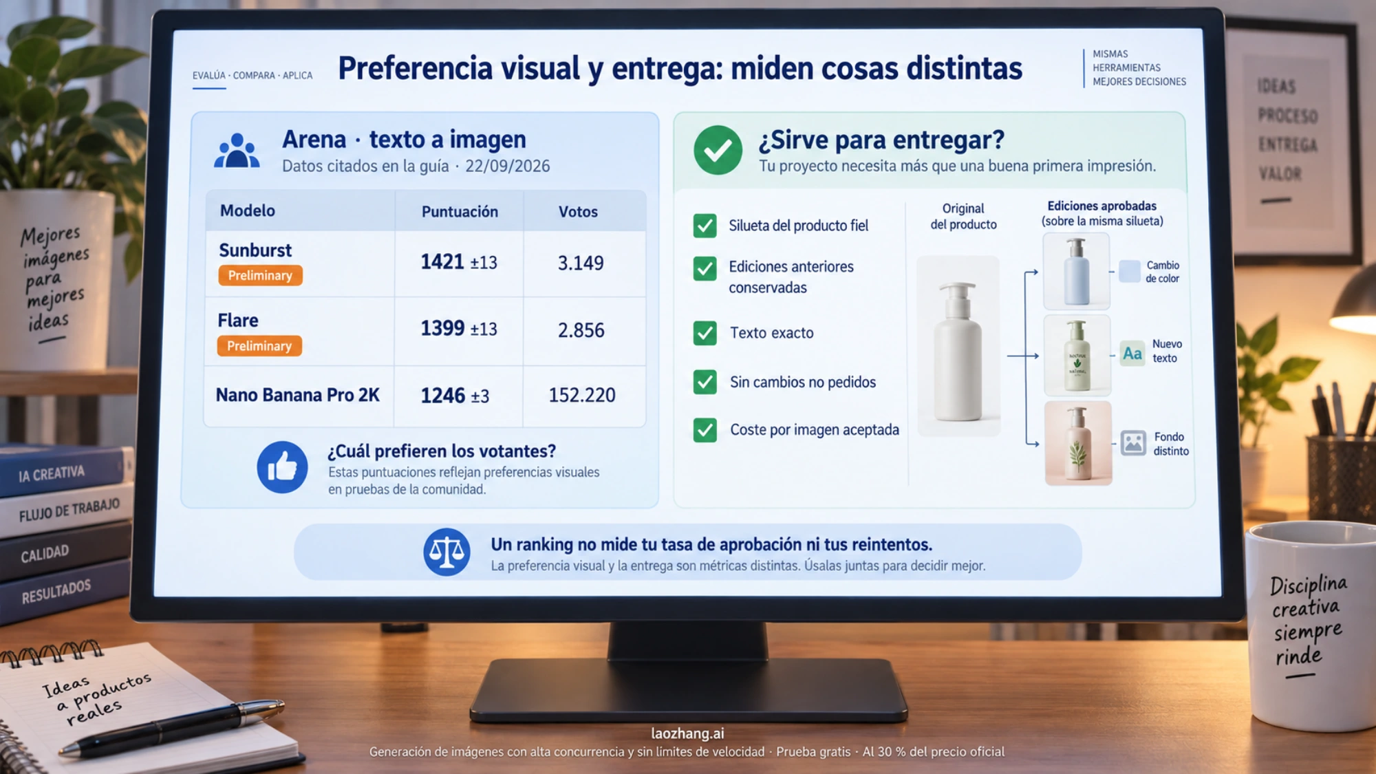Monitor con dos paneles: ranking de Arena con puntuación, votos y marca Preliminary frente a una lista de comprobación de entrega; miden cosas distintas