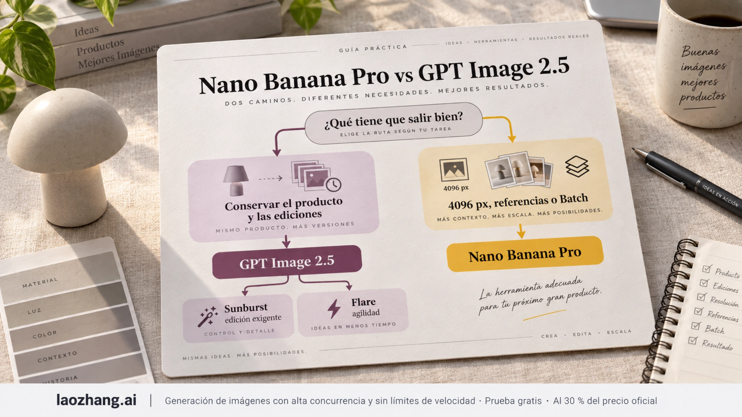 Tarjeta sobre un escritorio con un árbol de decisión: qué tiene que salir bien y si empezar por GPT Image 2.5 (Sunburst o Flare) o por Nano Banana Pro