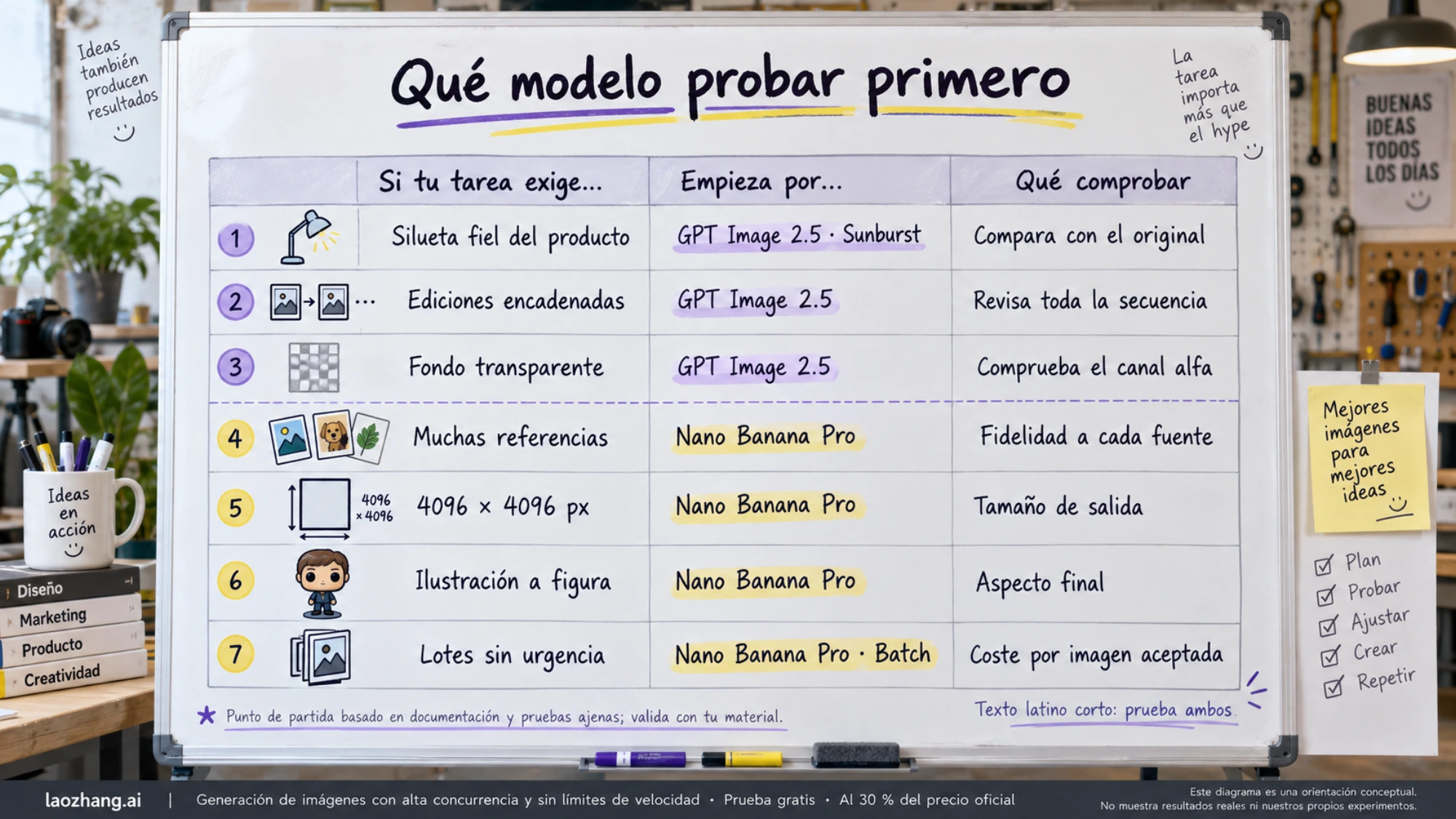 Pizarra con la tabla de qué modelo probar primero según el trabajo: GPT Image 2.5 para silueta, ediciones encadenadas y fondo transparente; Nano Banana Pro para referencias, 4096 px, figuras y Batch
