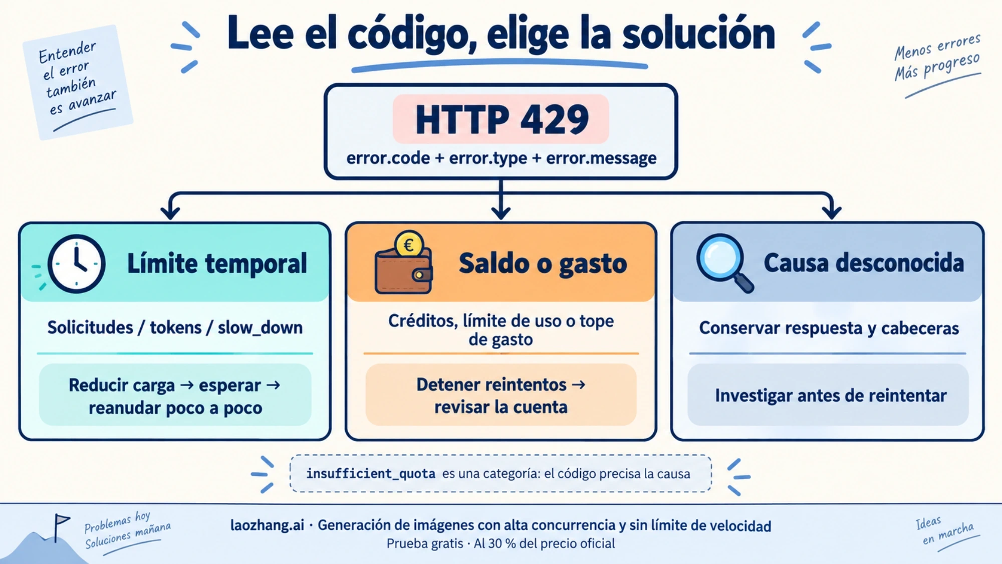 Diagrama para distinguir límites temporales, bloqueos de saldo o gasto y causas desconocidas al interpretar un error 429