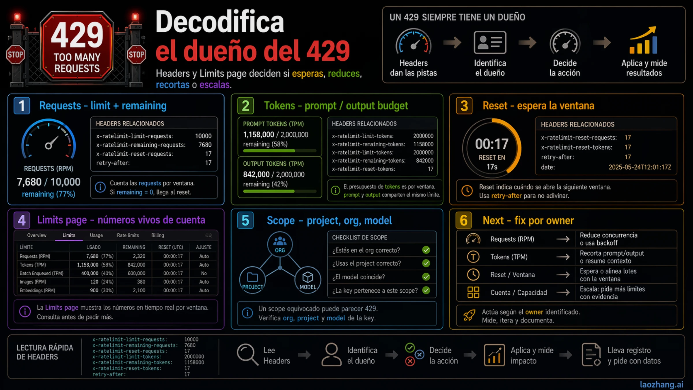Lectura de headers y página Limits: request limit, token limit, reset y techo de cuenta se revisan por separado