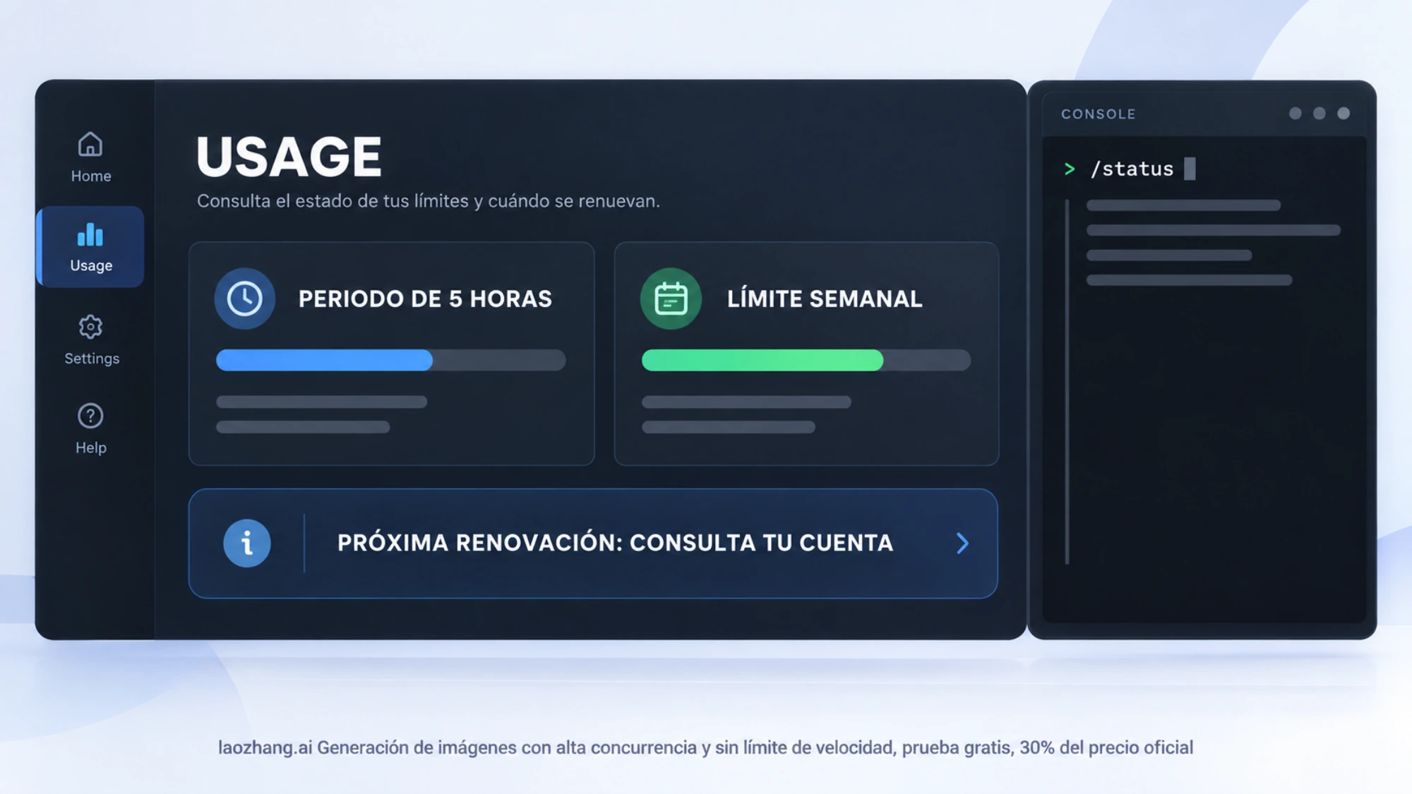 Panel conceptual de Usage con indicadores separados para el periodo de cinco horas y el límite semanal