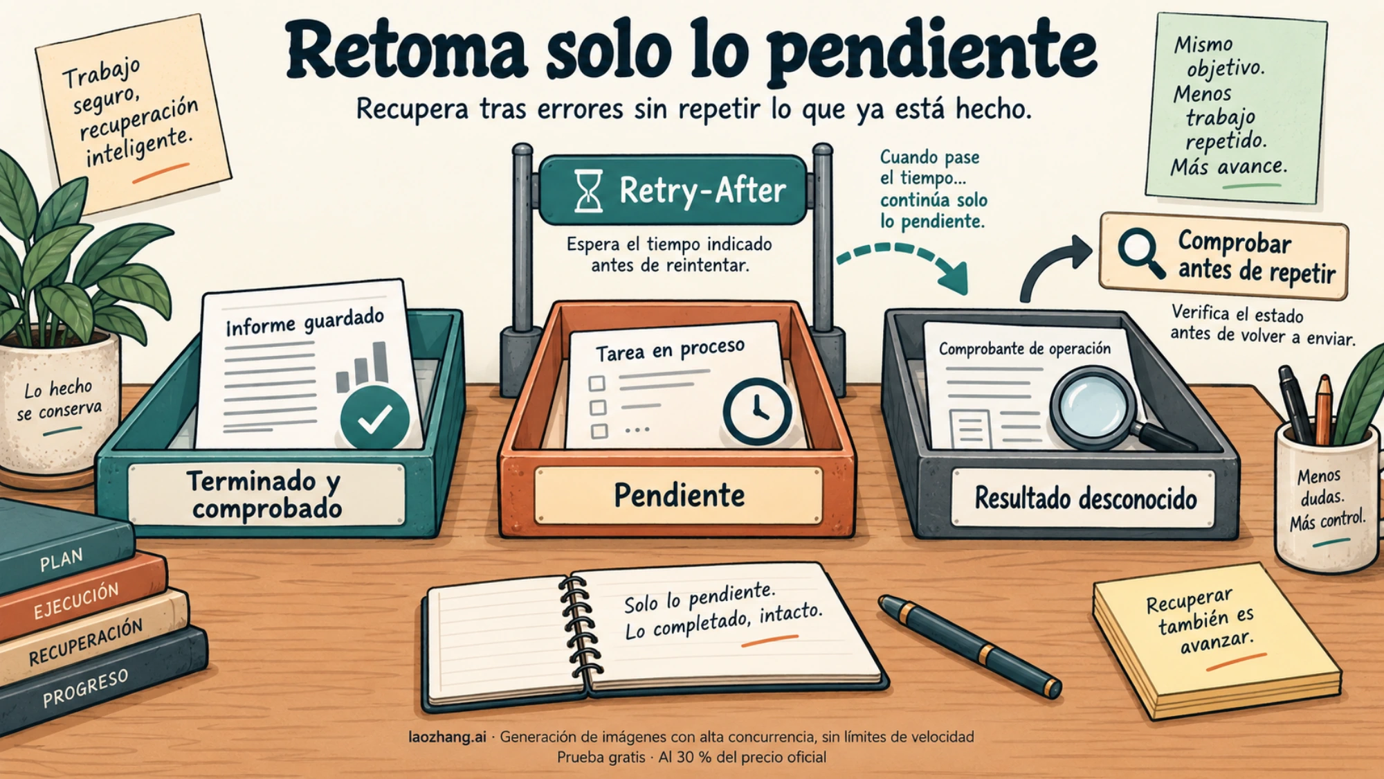 Ilustración de acciones terminadas, trabajo pendiente y resultados desconocidos, con espera y comprobación antes de repetir