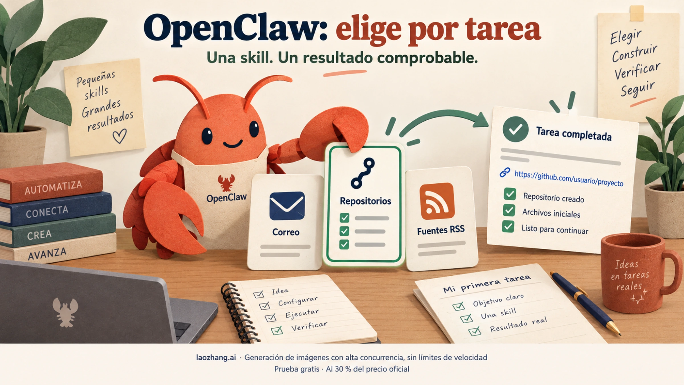 Ilustración de OpenClaw eligiendo una skill para una tarea de repositorios, correo o fuentes RSS
