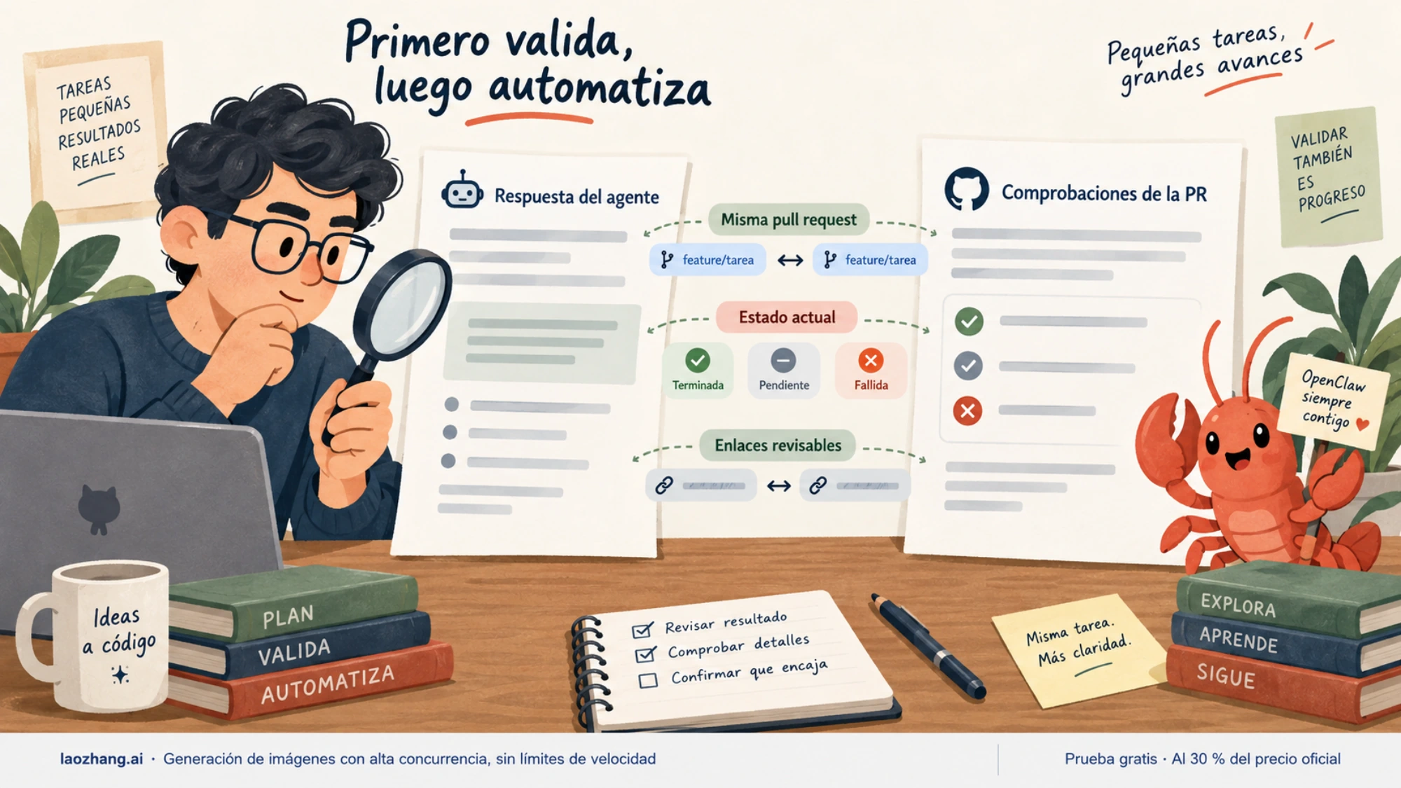 Ilustración de cómo contrastar una respuesta del agente con la pull request, sus estados y sus enlaces